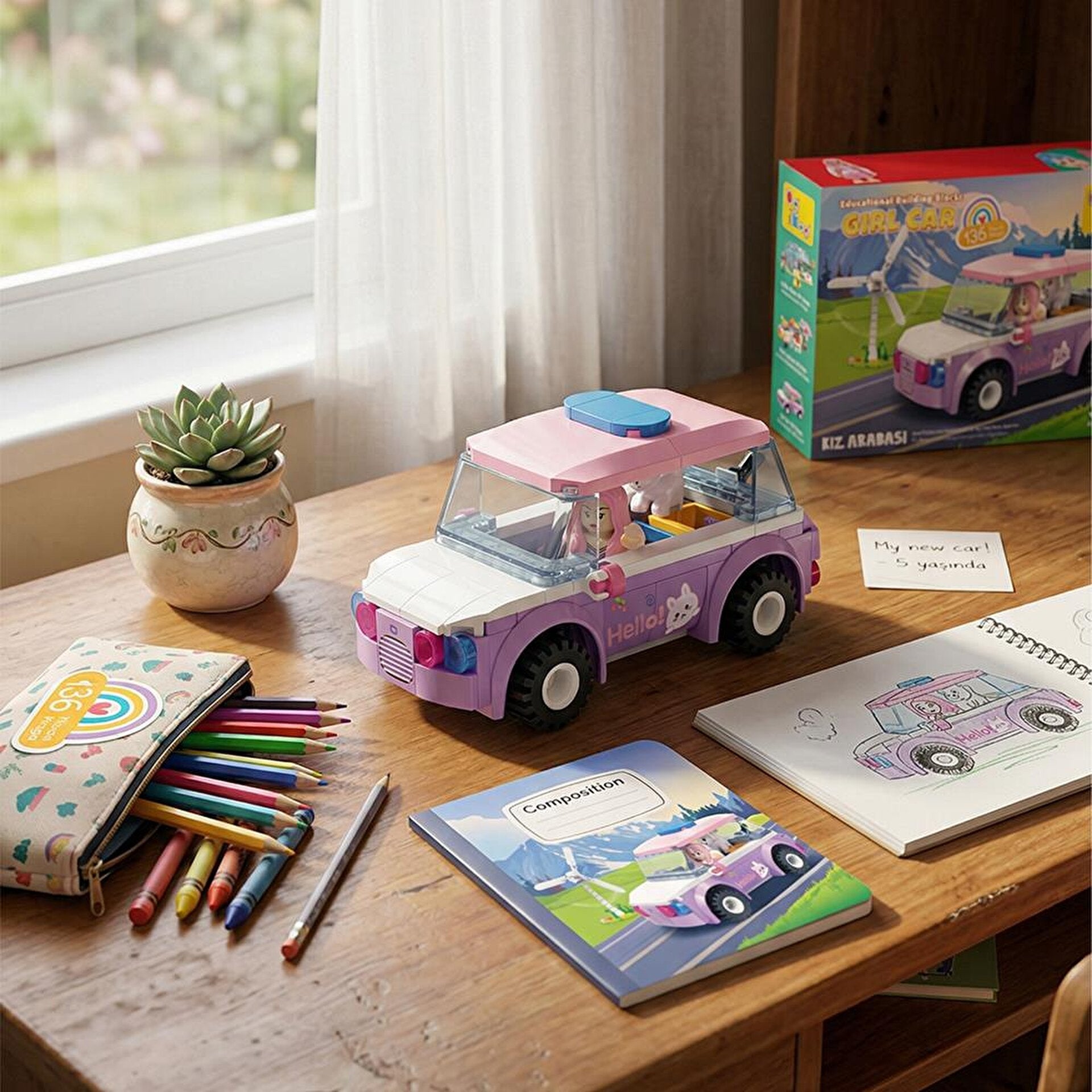 Ogi Mogi Toys Eğitici Bloklar Kız Arabası 136 Parça Yapı Seti