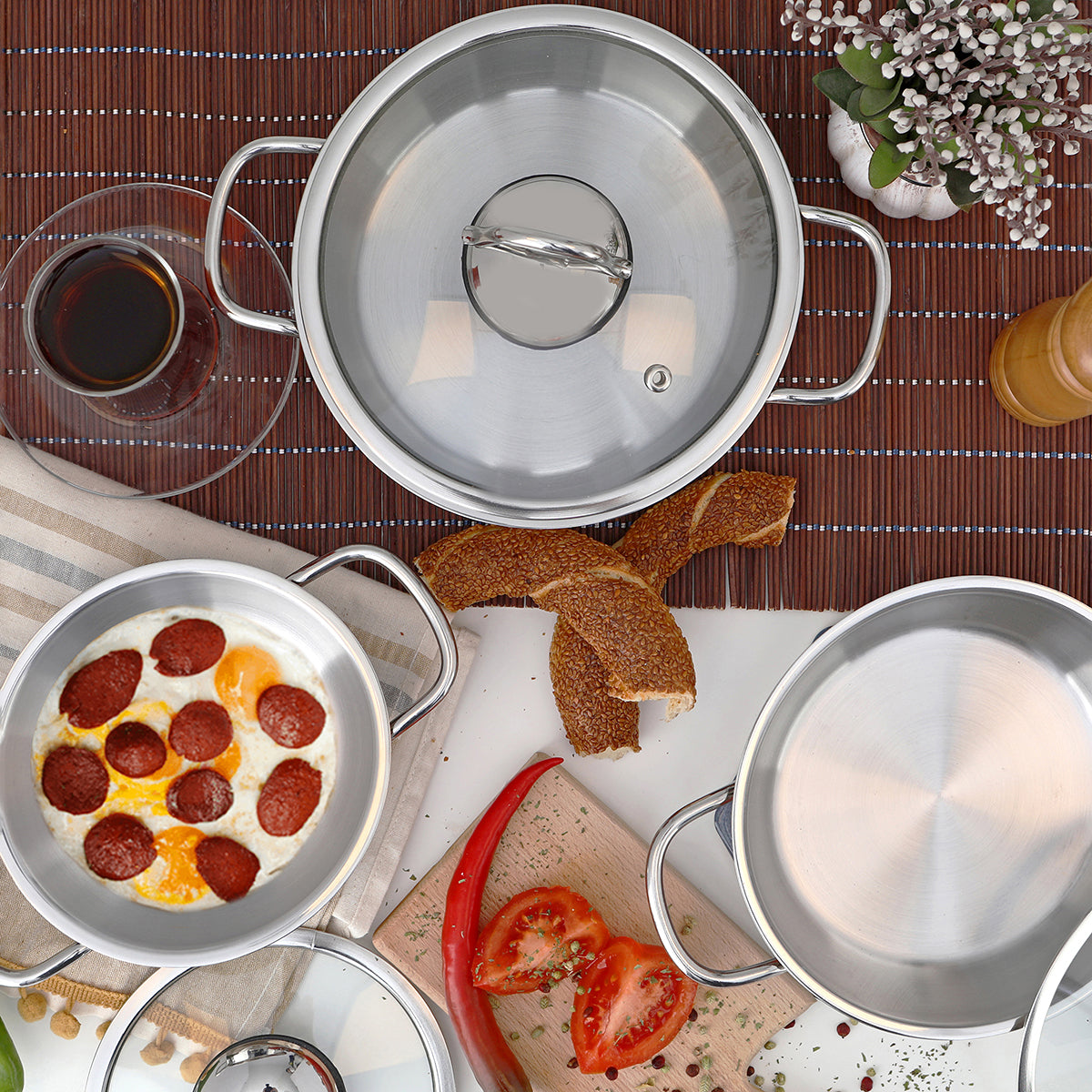 Serenk Definition 6 Parça Çelik Omlet Seti - 18/10 Paslanmaz Çelik, 14-16-18 cm Cam Kapaklı Sahan