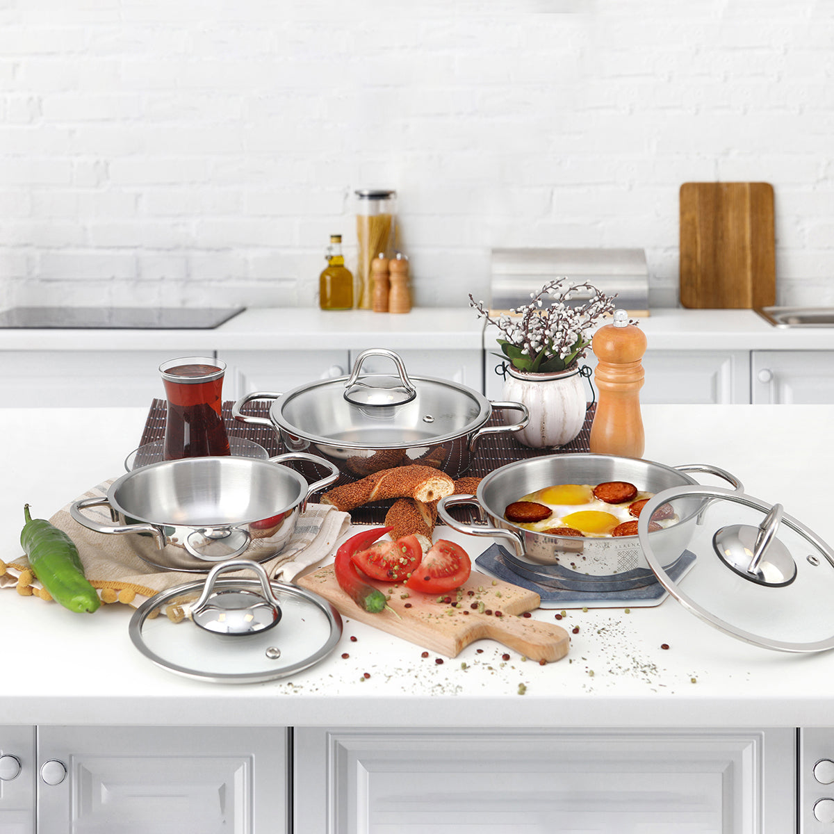 Serenk Definition 6 Parça Çelik Omlet Seti - 18/10 Paslanmaz Çelik, 14-16-18 cm Cam Kapaklı Sahan