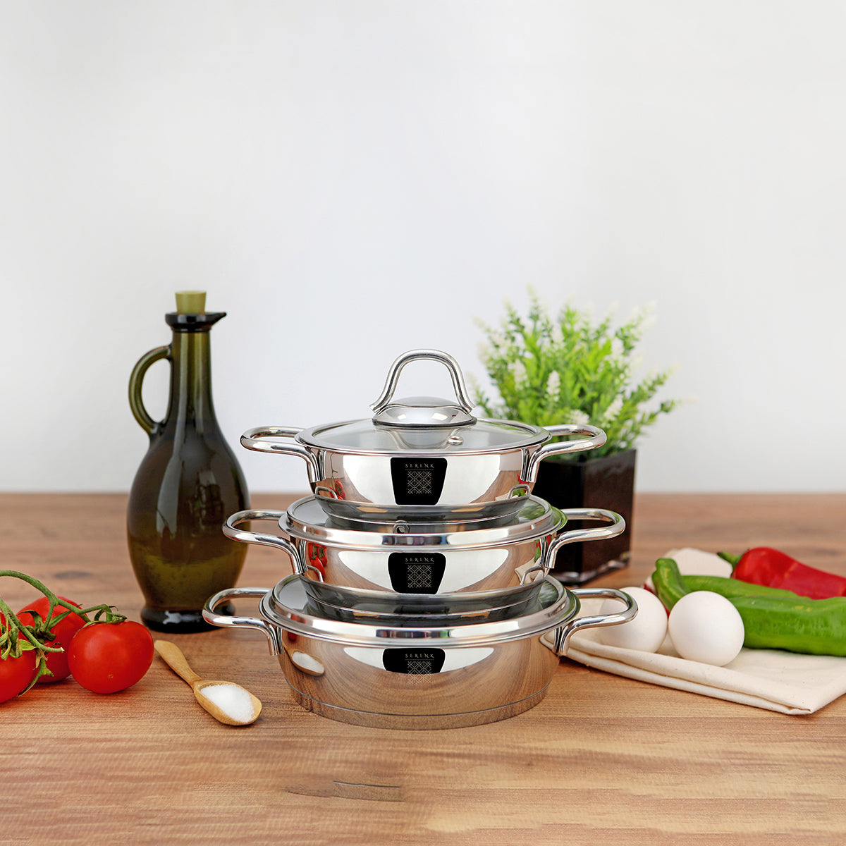 Serenk Definition 6 Parça Çelik Omlet Seti - 18/10 Paslanmaz Çelik, 14-16-18 cm Cam Kapaklı Sahan