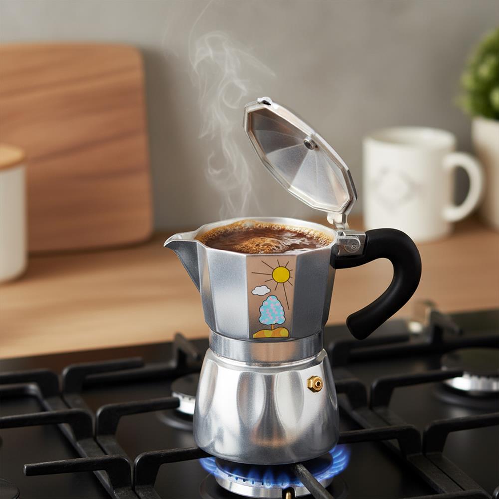Any Morning 240 ml Alüminyum Moka Pot Espresso Kahve Makinesi Desenli Gümüş Renk HES-6