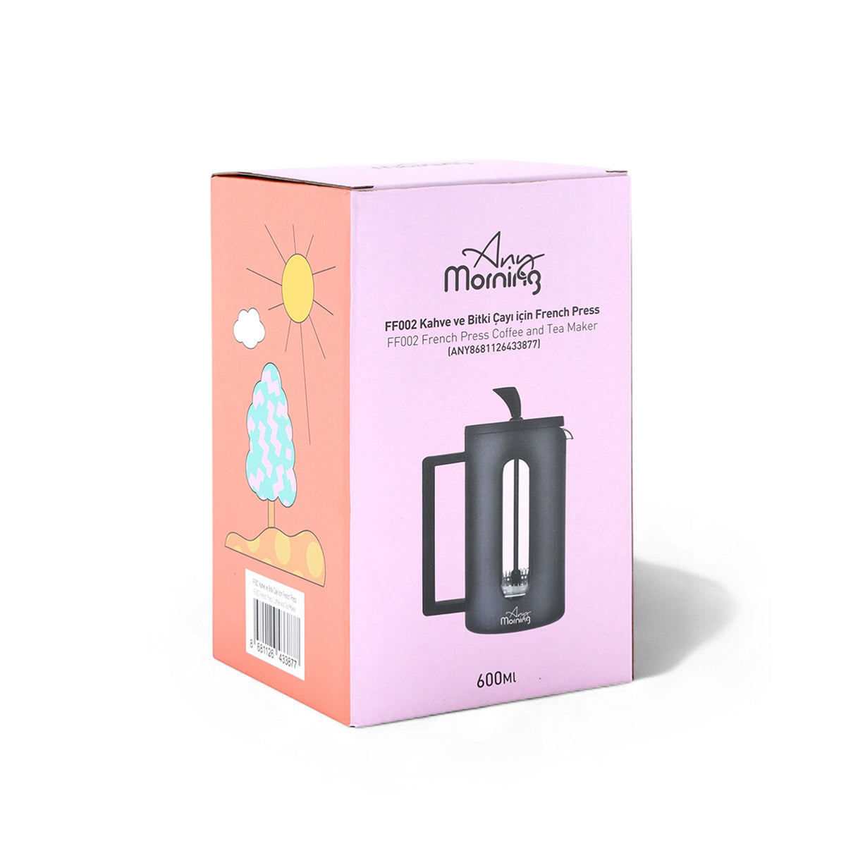 Any Morning 600 ml French Press, Darbeye Dayanıklı Cam, 304 Paslanmaz Çelik Filtreli FF002
