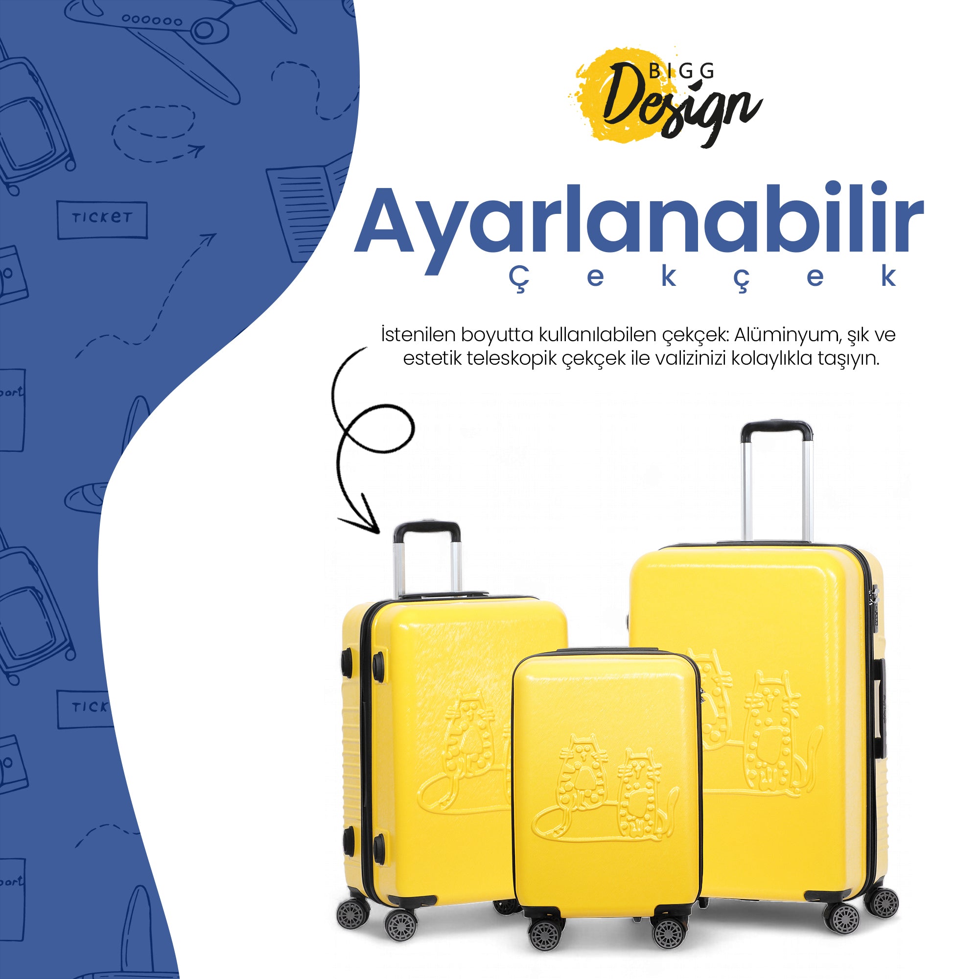 Biggdesign Cats Sarı 3'lü Valiz Seti, ABS Gövde, 360° Tekerlek, Şifreli Kilit