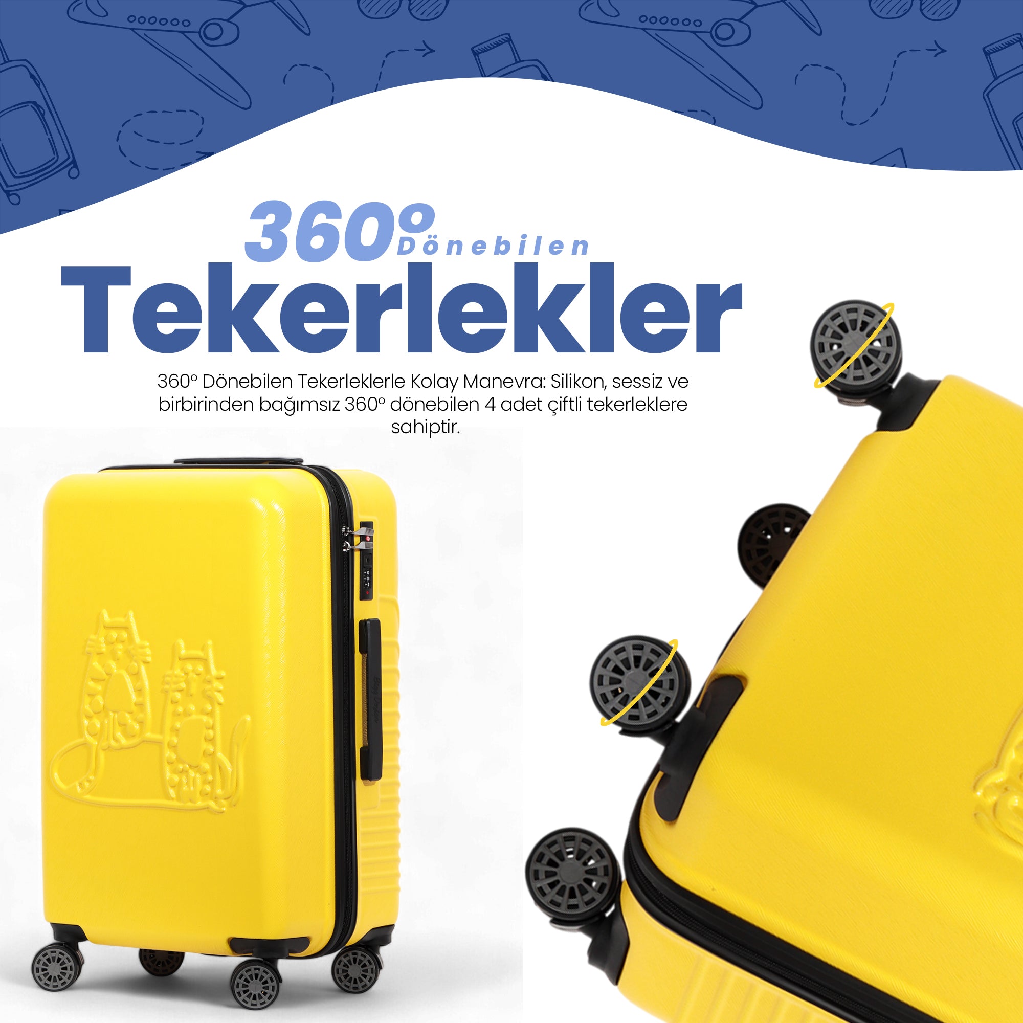 Biggdesign Cats Sarı 3'lü Valiz Seti, ABS Gövde, 360° Tekerlek, Şifreli Kilit