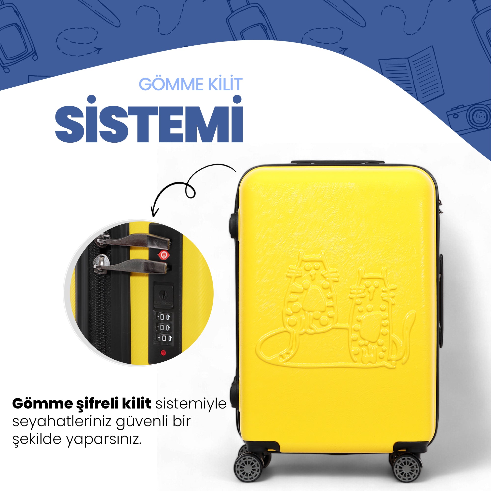 Biggdesign Cats Sarı 3'lü Valiz Seti, ABS Gövde, 360° Tekerlek, Şifreli Kilit