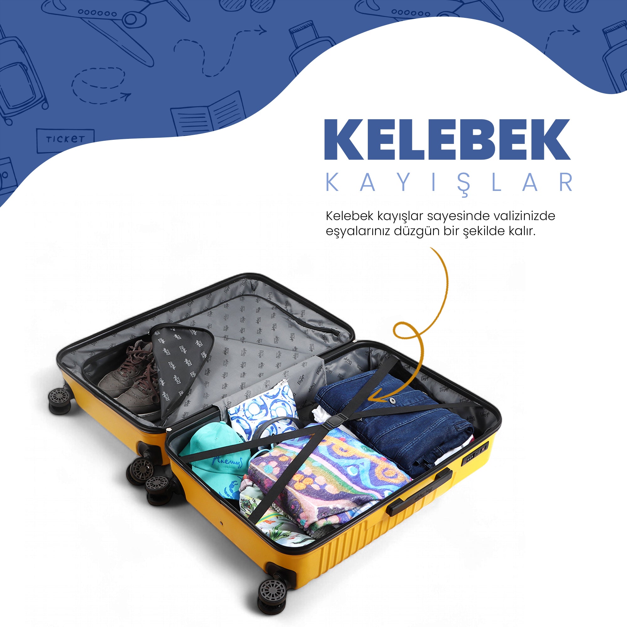 Biggdesign Cats Sarı 3'lü Valiz Seti, ABS Gövde, 360° Tekerlek, Şifreli Kilit