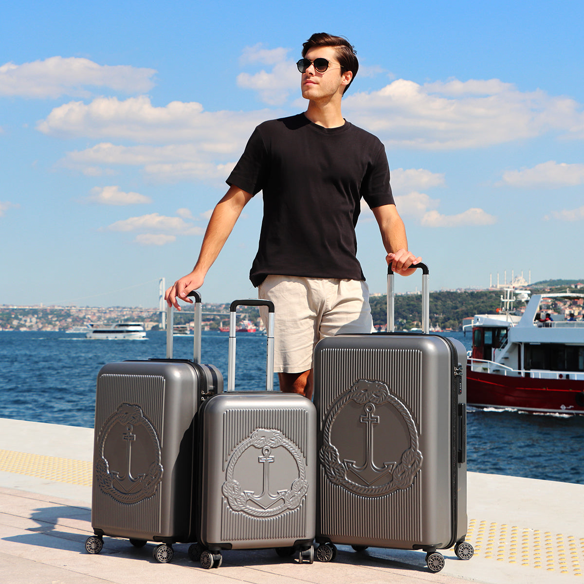 Biggdesign Ocean Gri 3'lü Valiz Seti, ABS Gövde, 360° Tekerlek, Şifreli Kilit