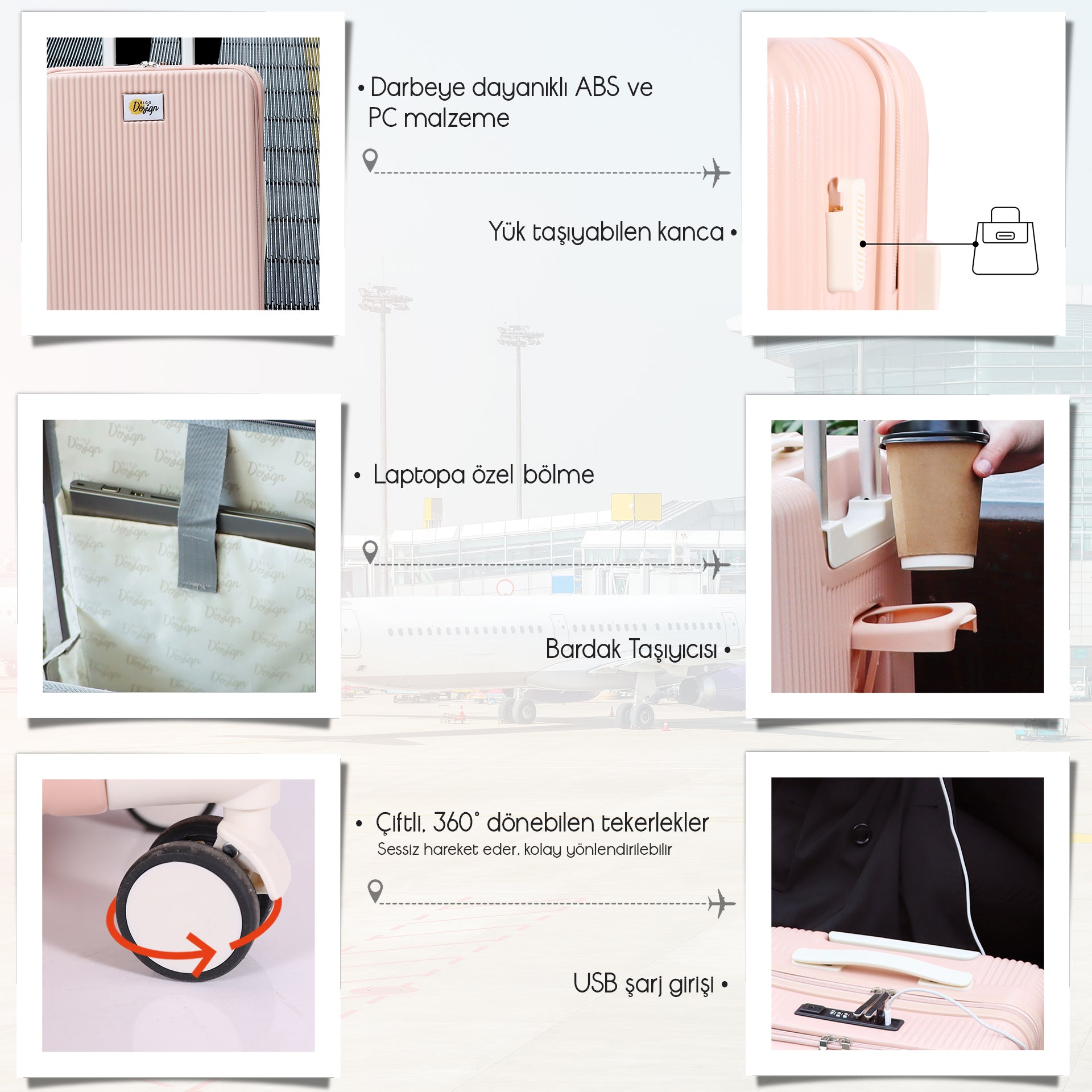 Biggdesign Moods Up Kabin Boy Valiz, Laptop Bölmeli,Bardaklık ve USB Girişli,360° Tekerlek,TSA Kilit, Pembe