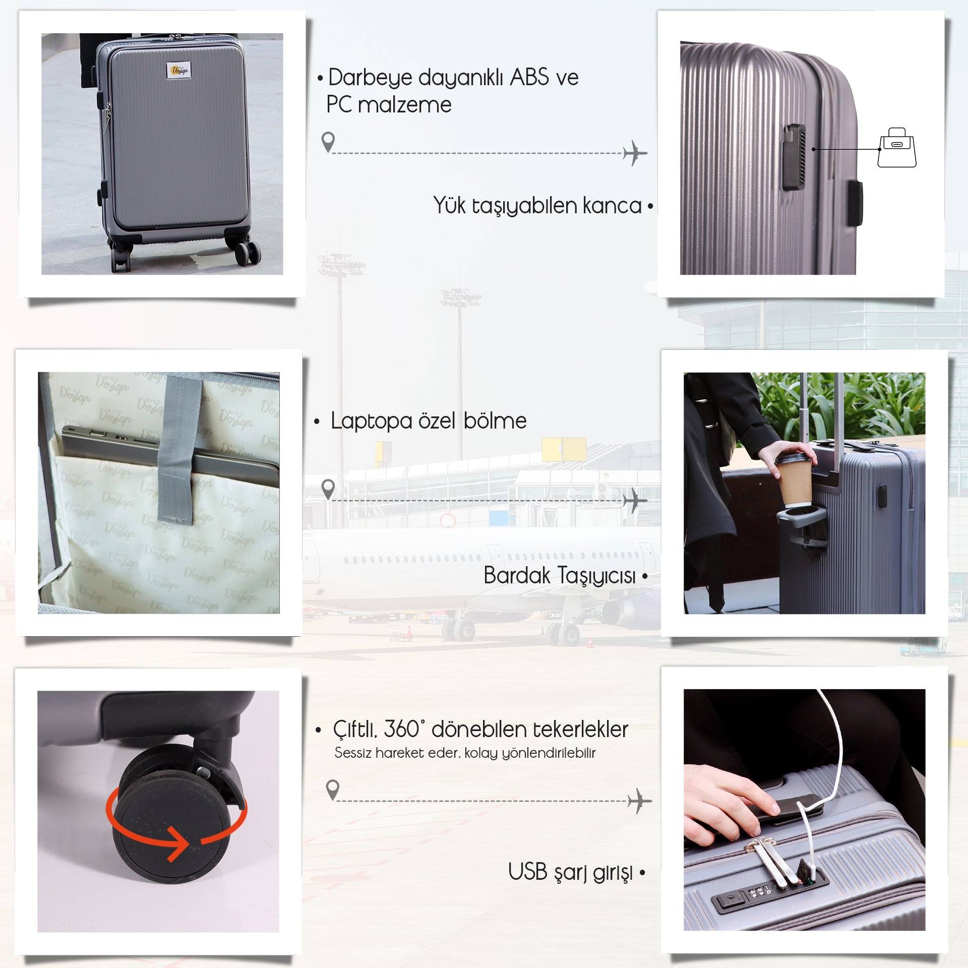 Biggdesign Moods Up Kabin Boy Valiz, Laptop Bölmeli, Bardaklık ve USB Girişli, 360° Tekerlek,TSA Kilit, Gümüş