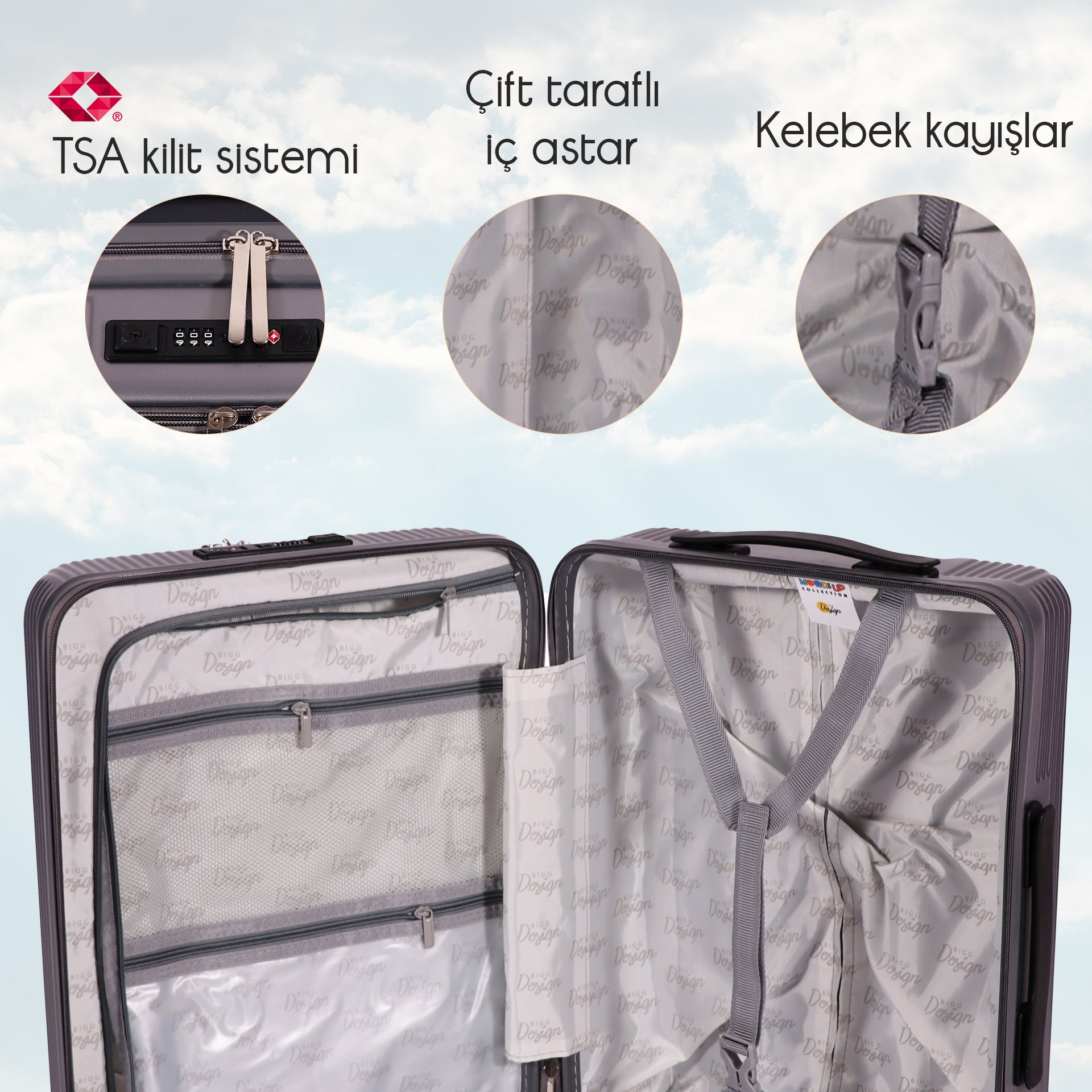 Biggdesign Moods Up Kabin Boy Valiz, Laptop Bölmeli, Bardaklık ve USB Girişli, 360° Tekerlek,TSA Kilit, Gümüş