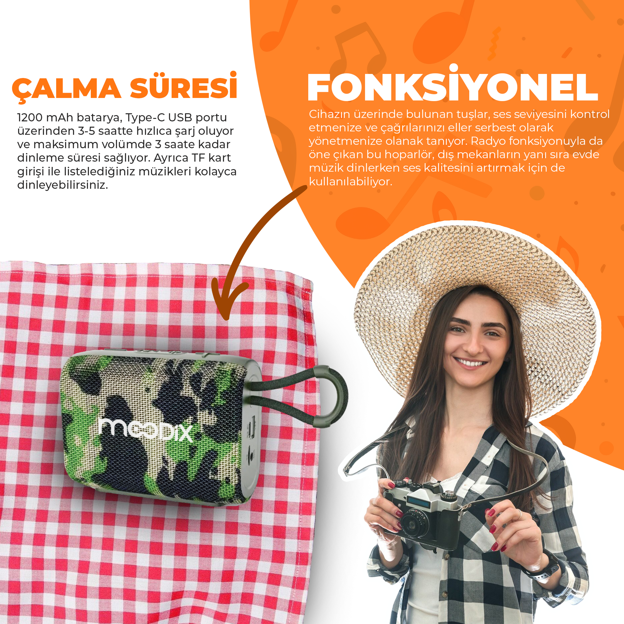 Moodix KI23TM02 Bluetooth Hoparlör Kamuflaj 5W