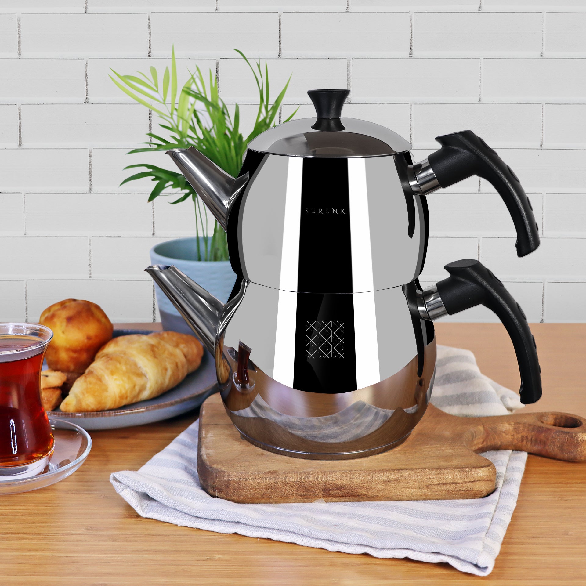 Serenk Modernist Çelik Çaydanlık, 1 L Demlik, 1.5 L Alt Hazne, İndüksiyon Uyumlu