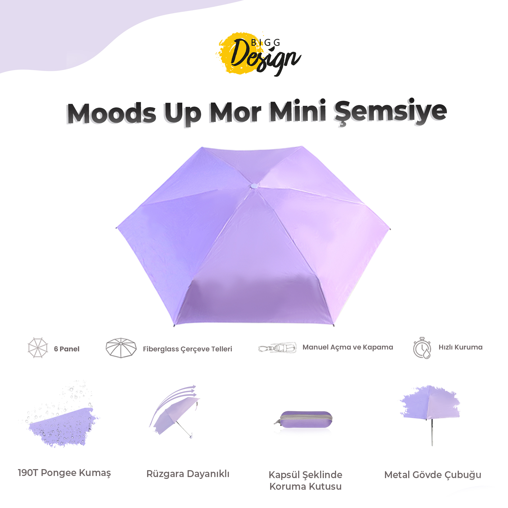 Biggdesign Moods Up Mor Mini Şemsiye, Manuel Aç-Kapa, Rüzgara Dayanıklı, Çanta Boy, Şık Tasarım