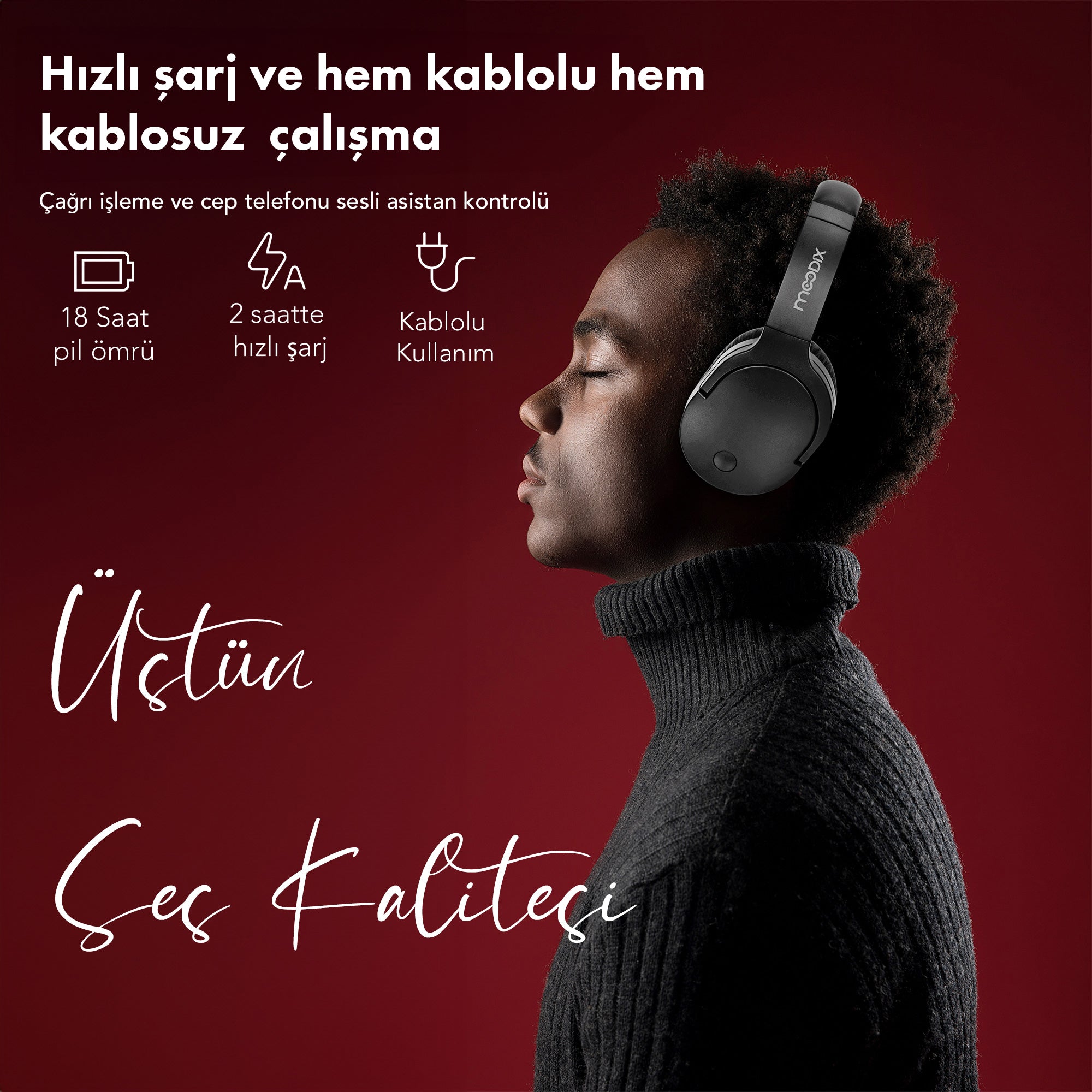 Moodix KO23BT1100W Bluetooth Katlanabilir Kulaküstü Kulaklık Beyaz