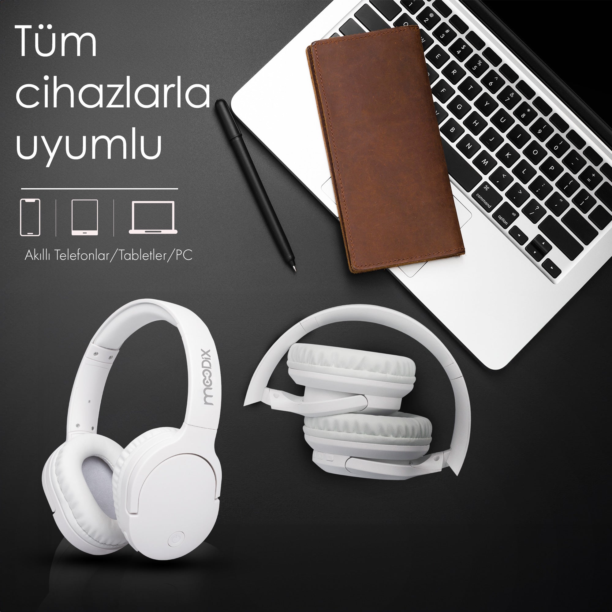 Moodix KO23BT1100W Bluetooth Katlanabilir Kulaküstü Kulaklık Beyaz