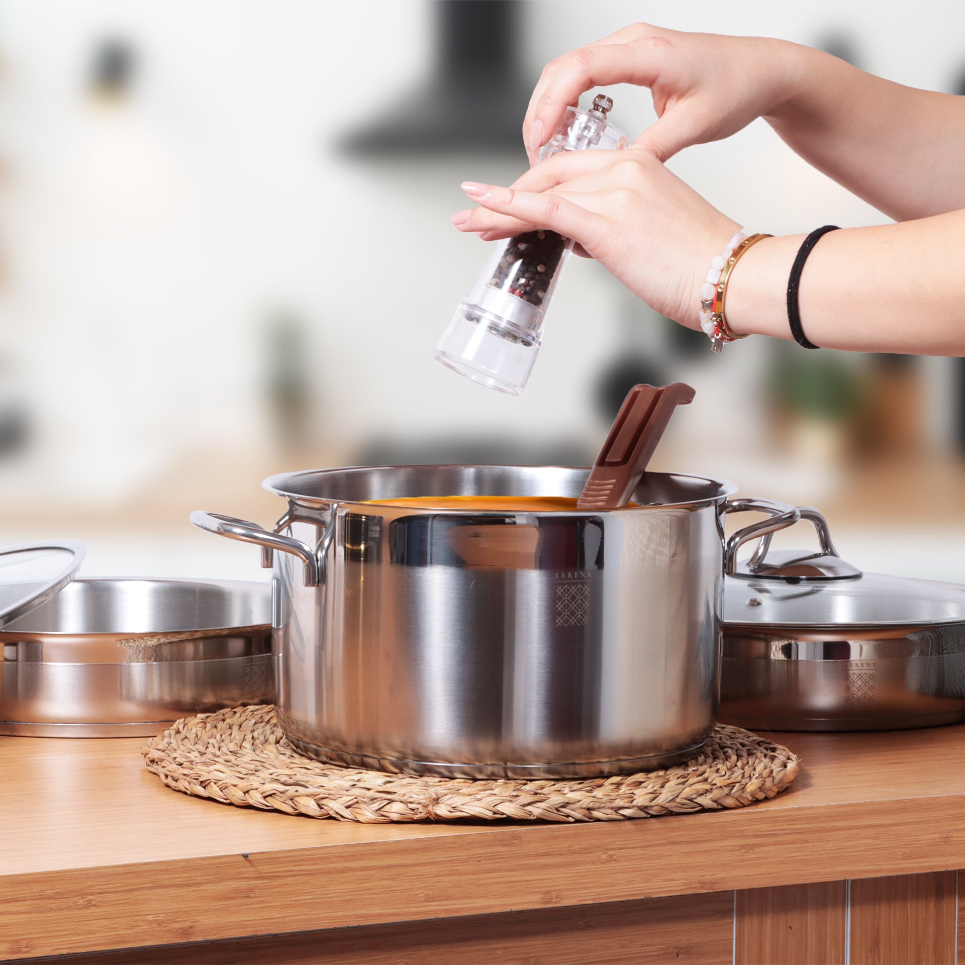 Serenk Modernist 5 Parça Paslanmaz Çelik Tencere ve Tava Seti, 24 cm Derin, 26 cm Basık, 26 cm Tava