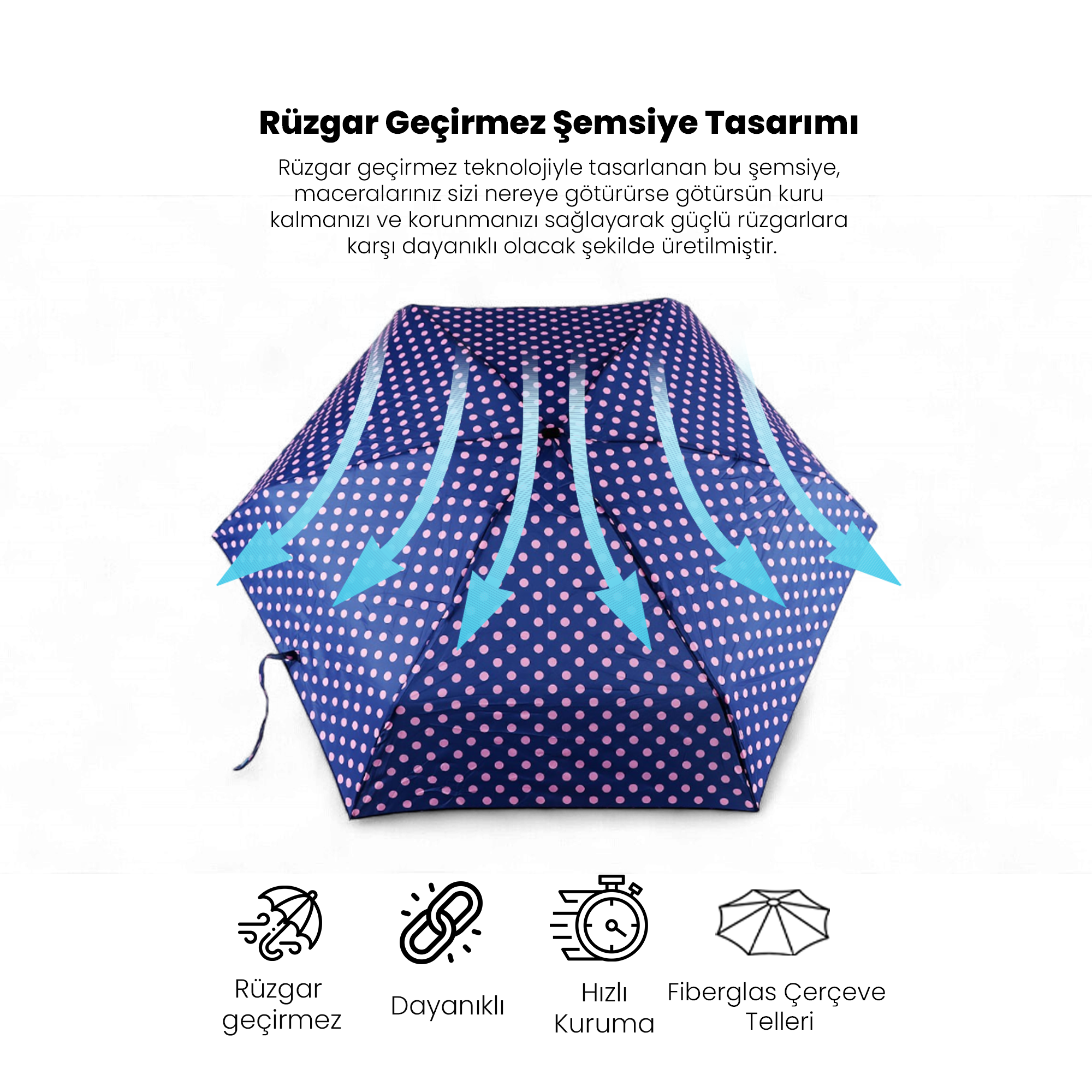 Biggdesign Moods Up Pembe Puantiyeli Lacivert Manuel Mini Şemsiye