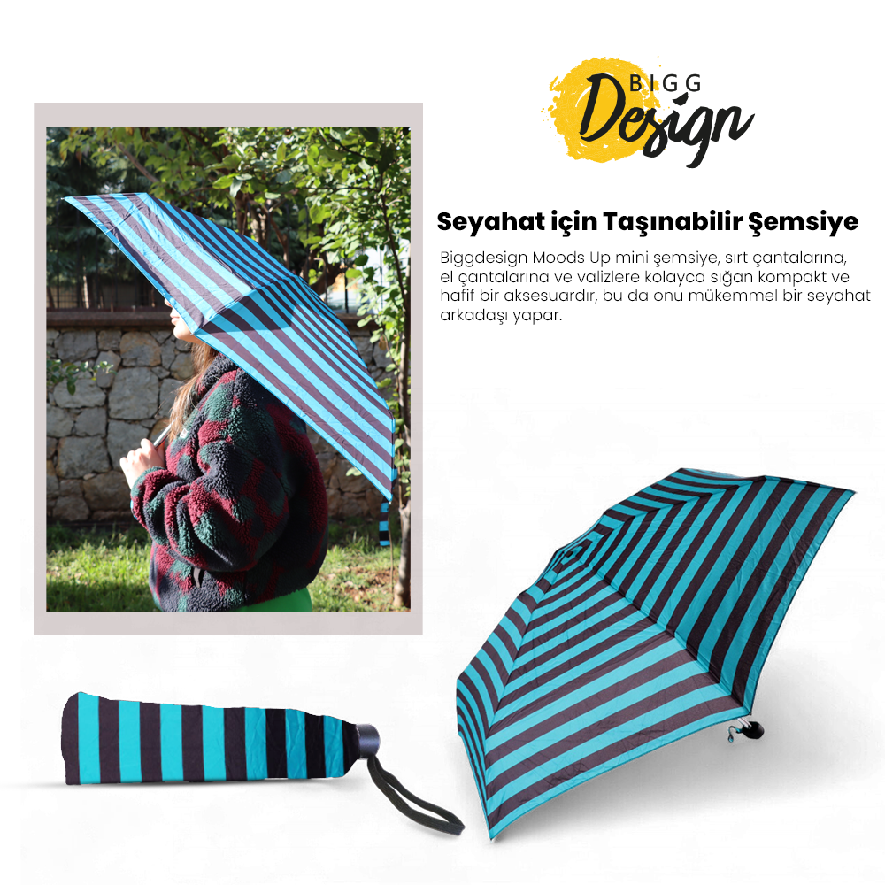 Biggdesign Moods Up Siyah Yeşil Çizgili Manuel Mini Şemsiye