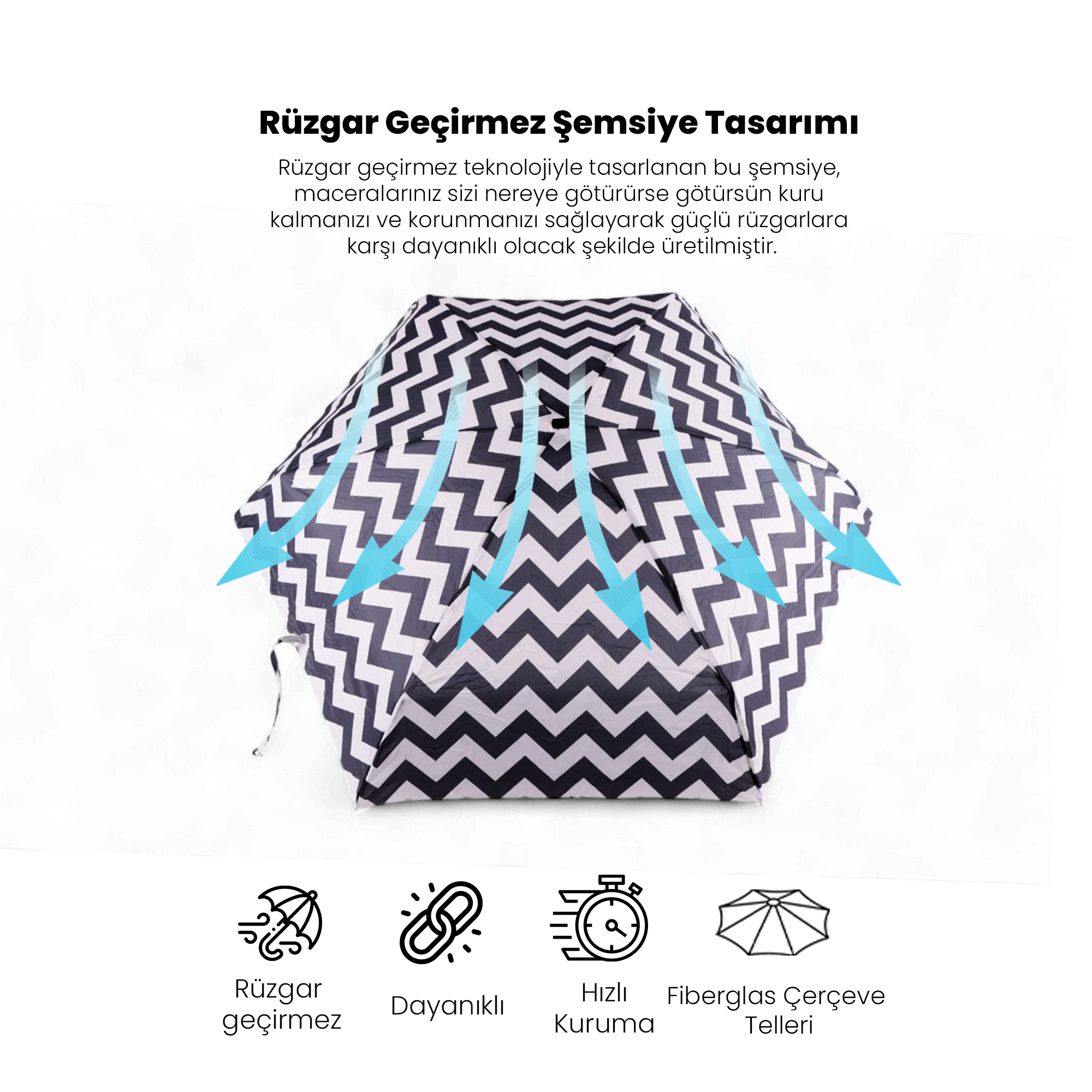 Biggdesign Moods Up Siyah Beyaz Zikzaklı Manuel Mini Şemsiye