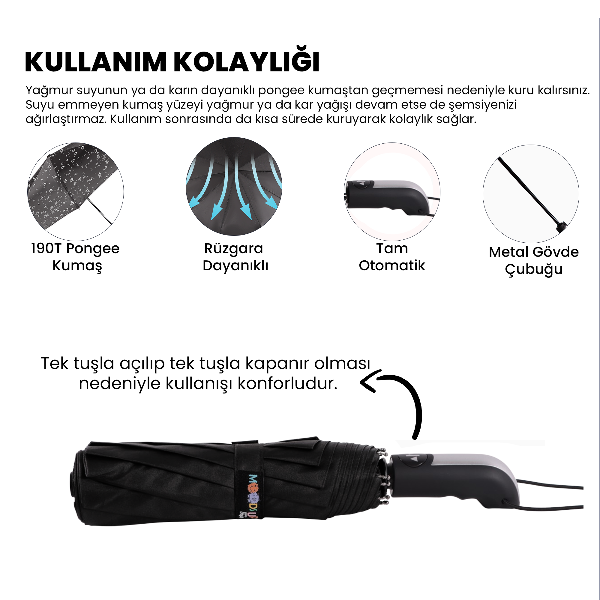 Biggdesign Moods Up Premium Siyah Tam Otomatik Şemsiye