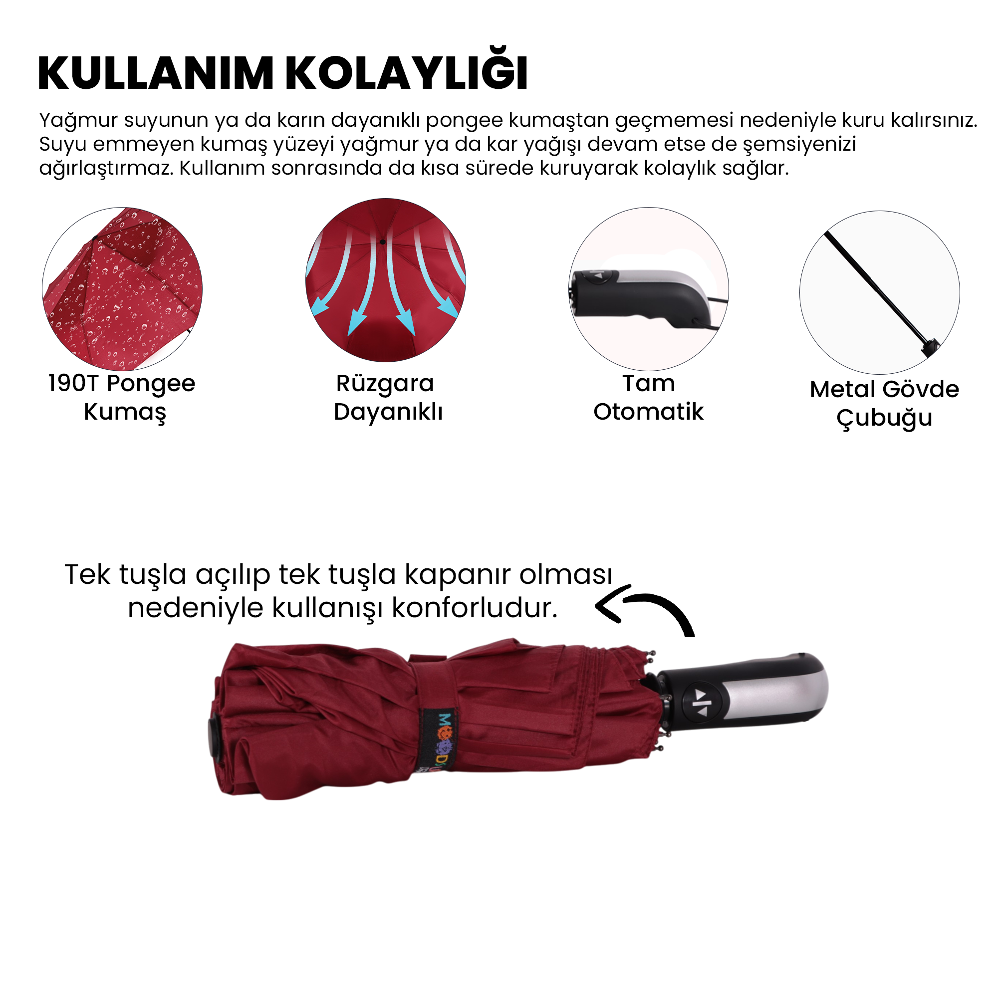 Biggdesign Moods Up Premium Bordo Otomatik Şemsiye