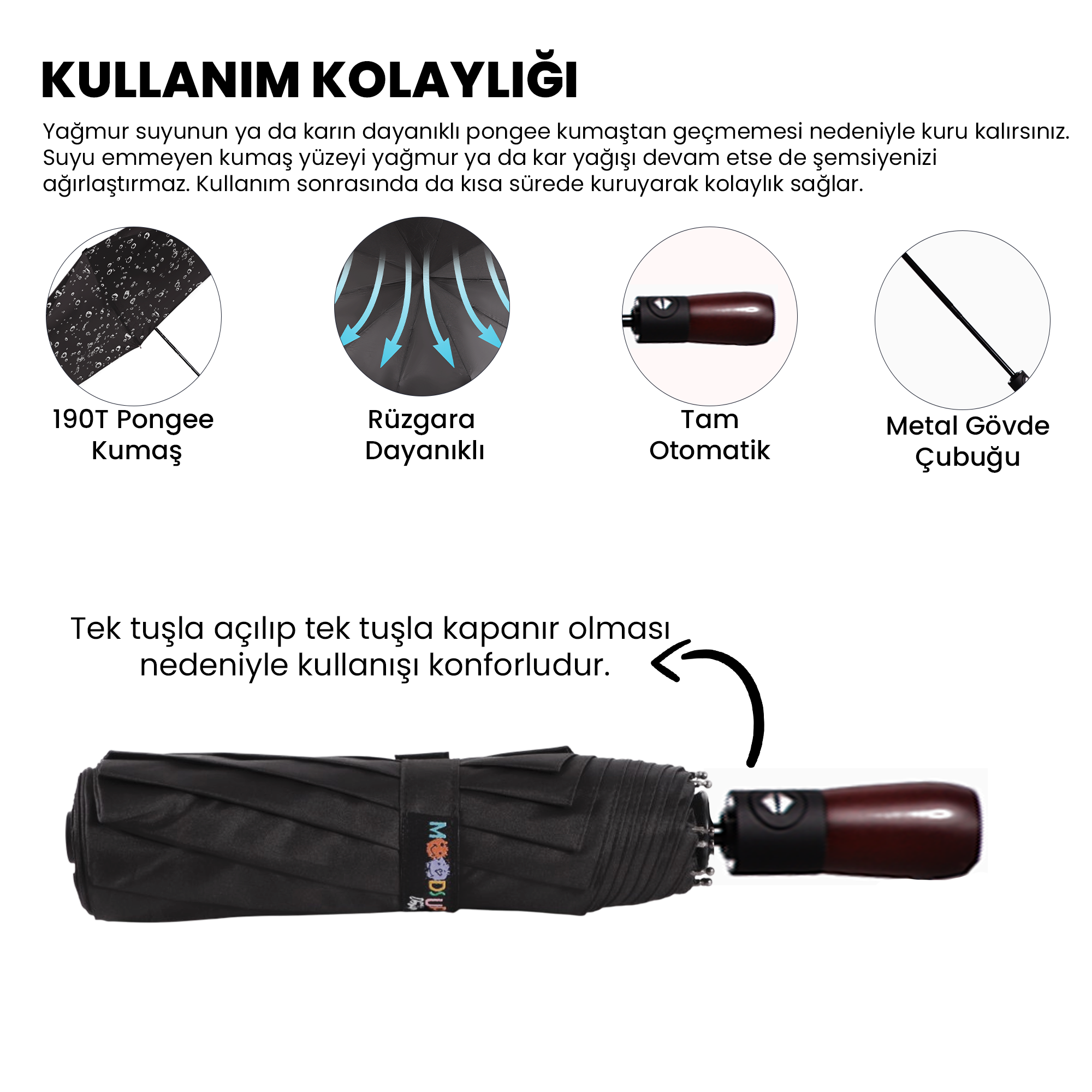 Biggdesign Moods Up Premium Ahşap Saplı Siyah Otomatik Şemsiye