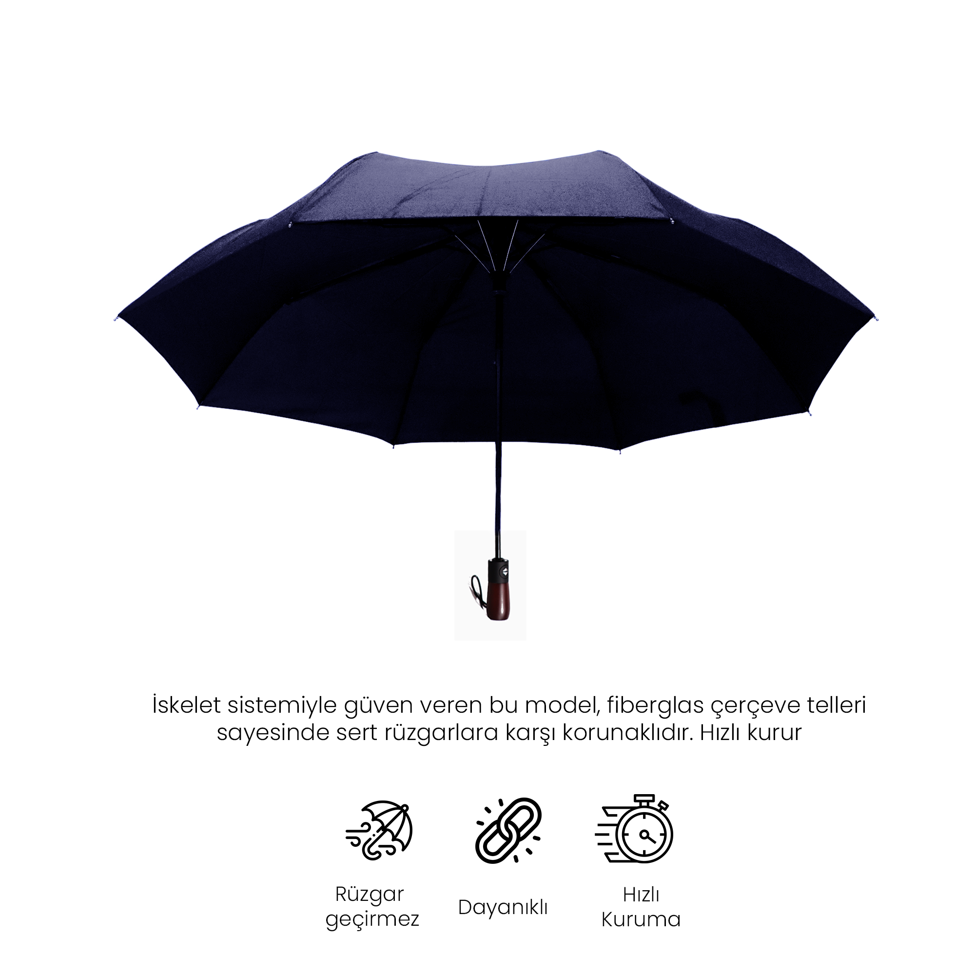 Biggdesign Moods Up Premium Ahşap Saplı Lacivert Otomatik Şemsiye