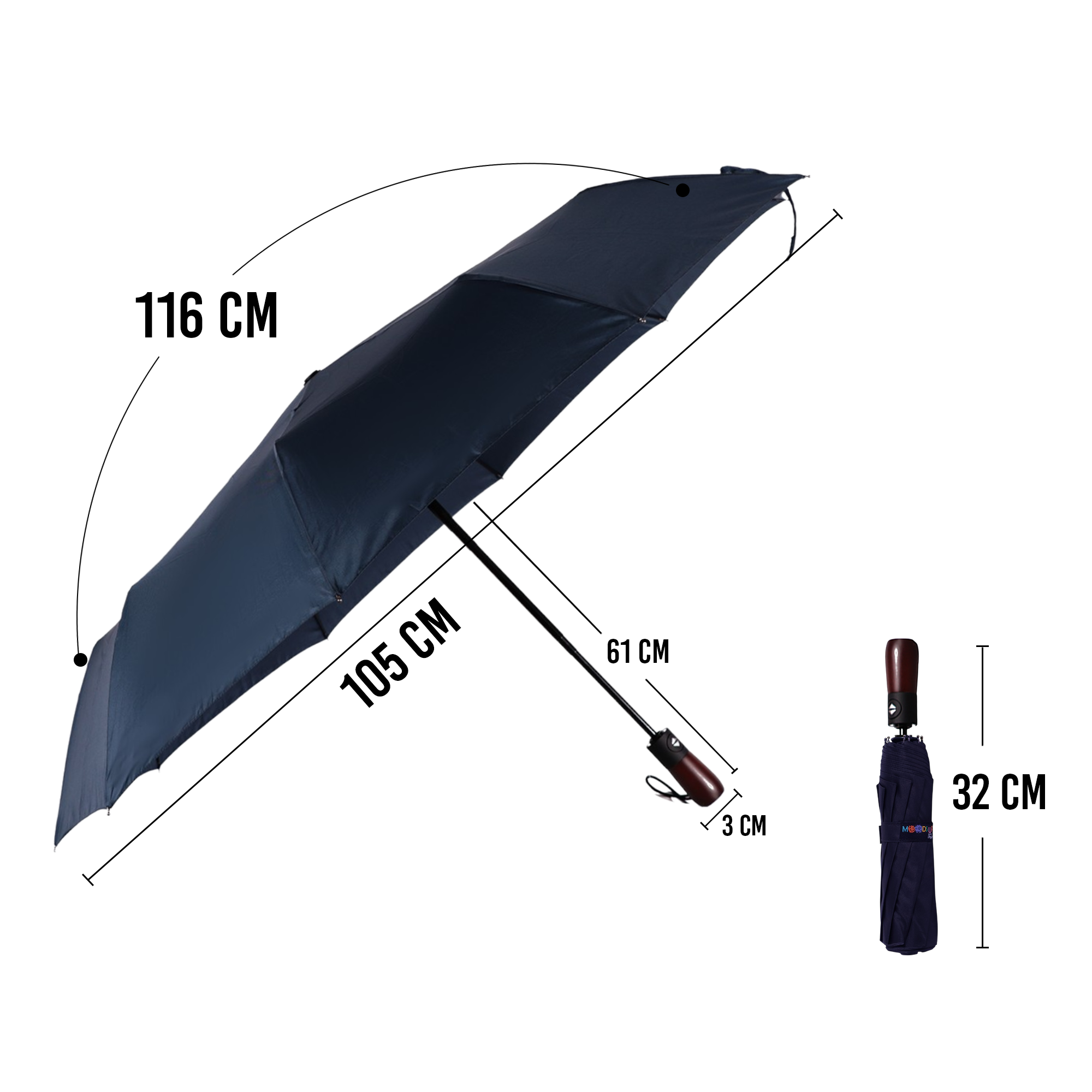 Biggdesign Moods Up Premium Ahşap Saplı Lacivert Otomatik Şemsiye