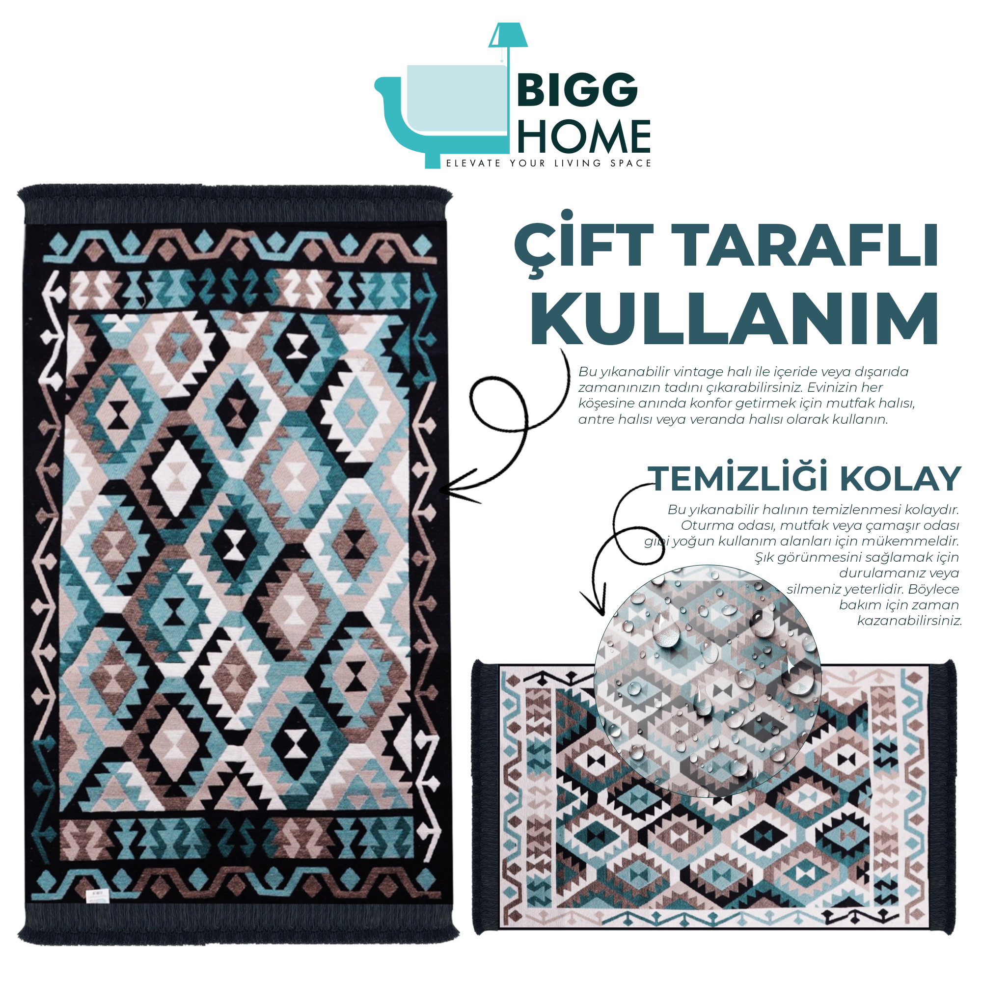 Bigghome Çift Taraflı Kilim, Makinede Yıkanabilir, Modern Desenli, 80*150 cm, SA1818A