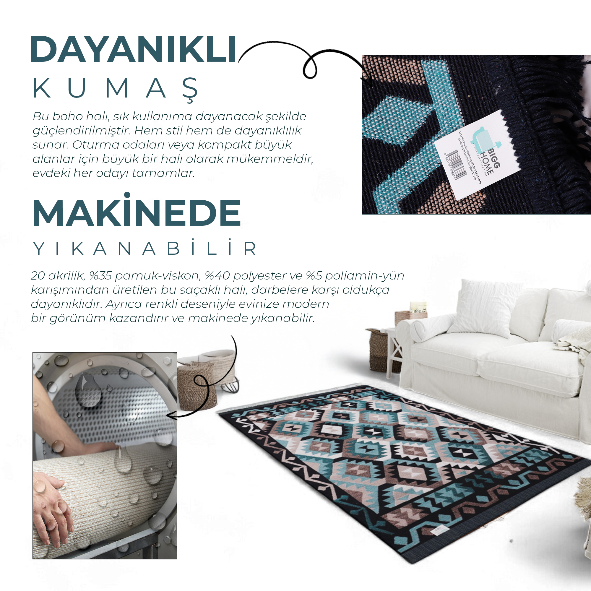 Bigghome Çift Taraflı Kilim, Makinede Yıkanabilir, Modern Desenli, 80*150 cm, SA1818A