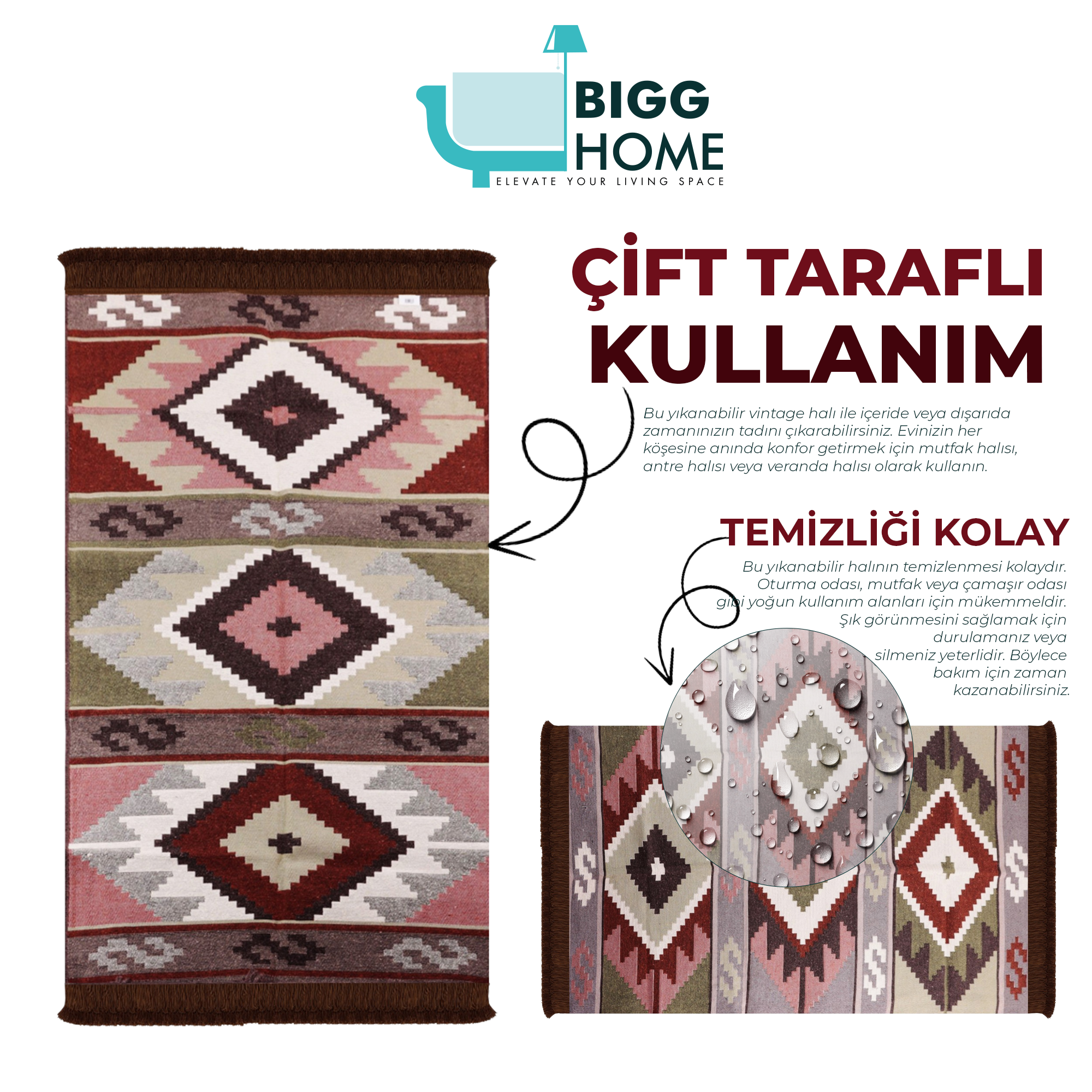 Bigghome Çift Taraflı Kilim, Makinede Yıkanabilir, Modern Desenli, 80*150 cm, SA1583B