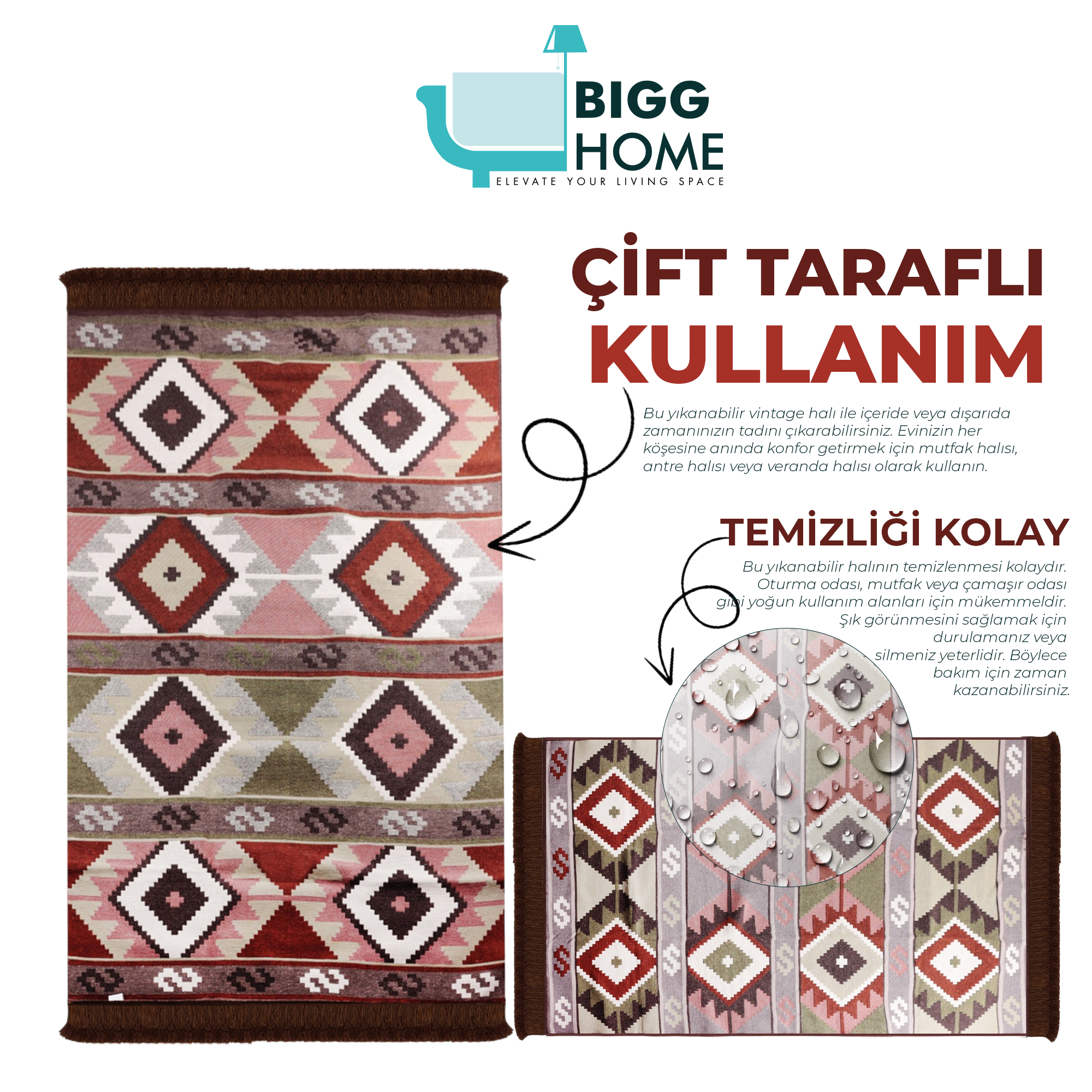 Bigghome Çift Taraflı Kilim, Makinede Yıkanabilir, Modern Desenli, 120*180 cm, SA1583B