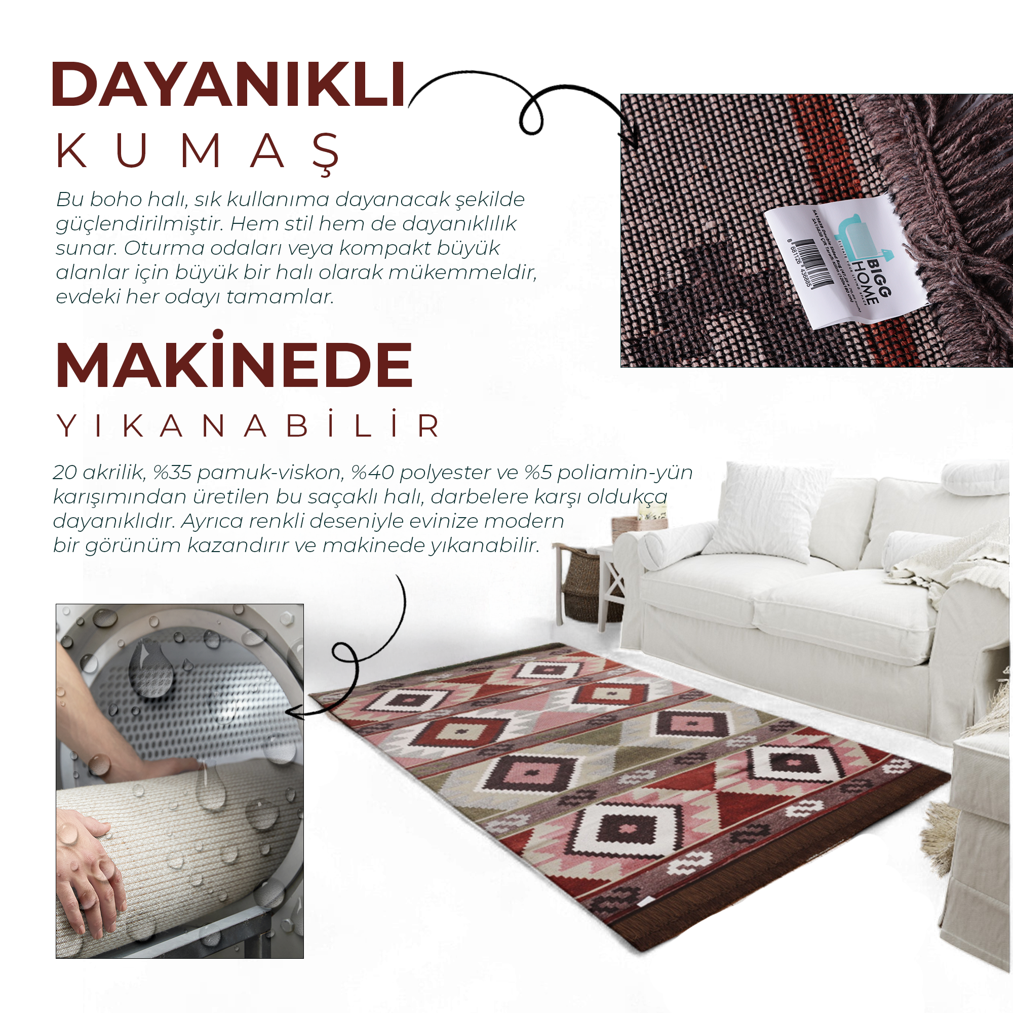 Bigghome Çift Taraflı Kilim, Makinede Yıkanabilir, Modern Desenli, 120*180 cm, SA1583B