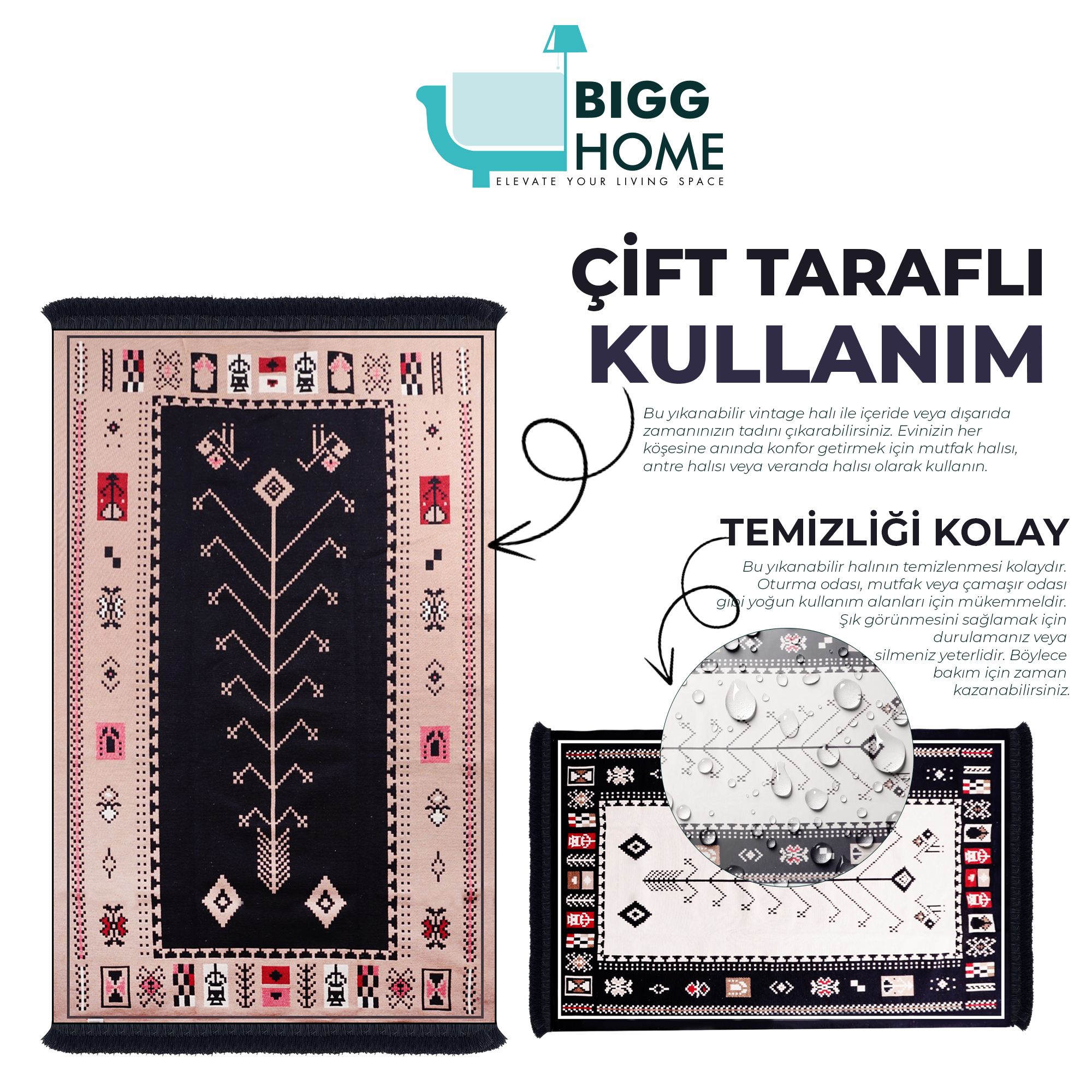 Bigghome Çift Taraflı Kilim, Makinede Yıkanabilir, Modern Desenli, 80*150 cm, SA1534A