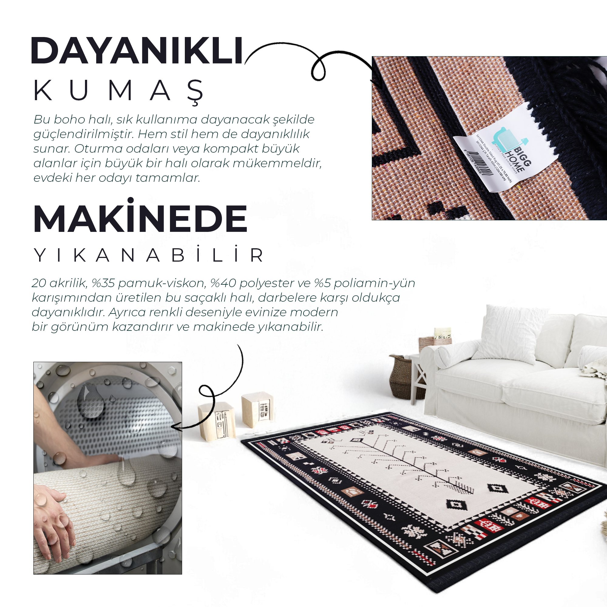 Bigghome Çift Taraflı Kilim, Makinede Yıkanabilir, Modern Desenli, 120*180 cm, SA1534A