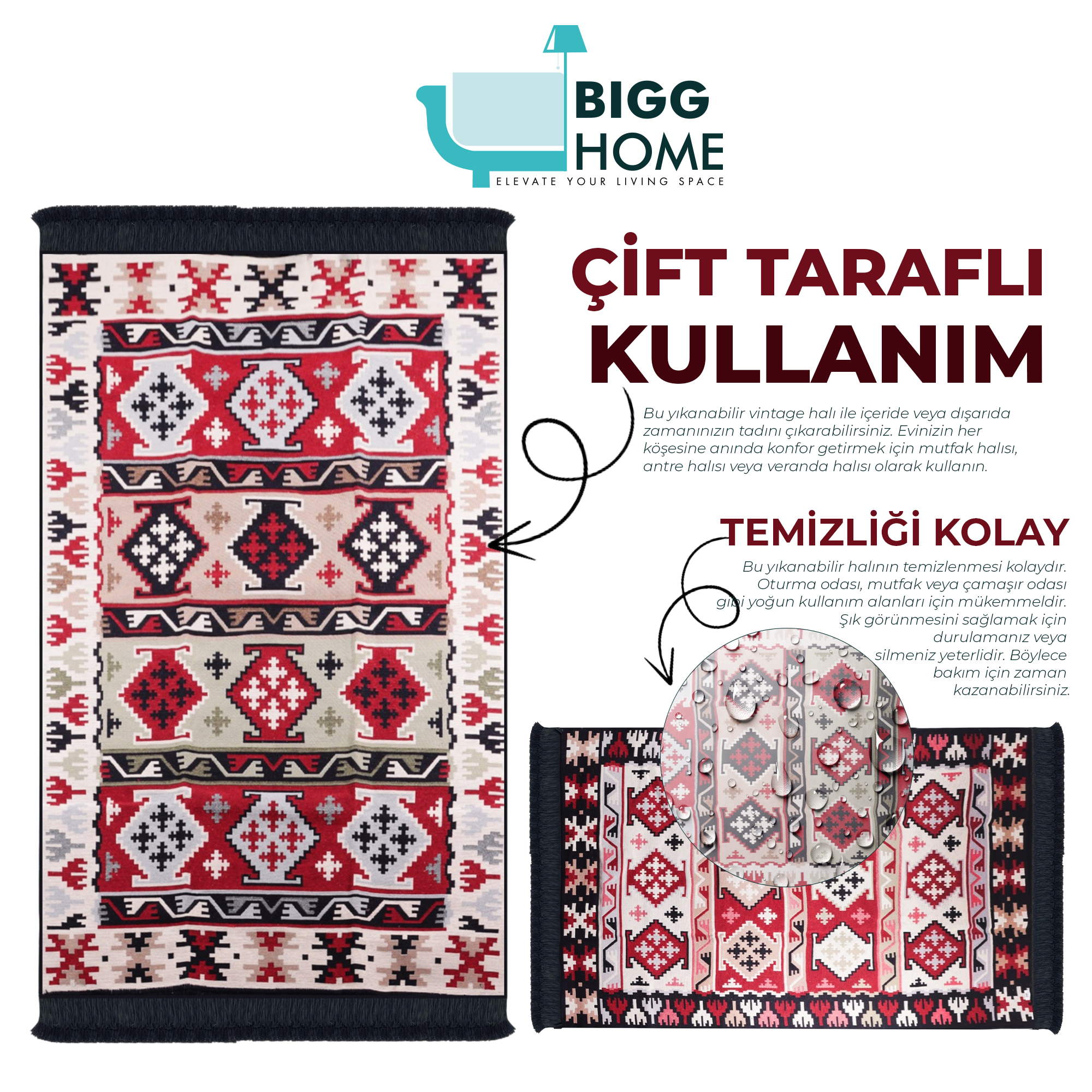 Bigghome Çift Taraflı Kilim, Makinede Yıkanabilir, Modern Desenli, 80*150 cm, SA1590A