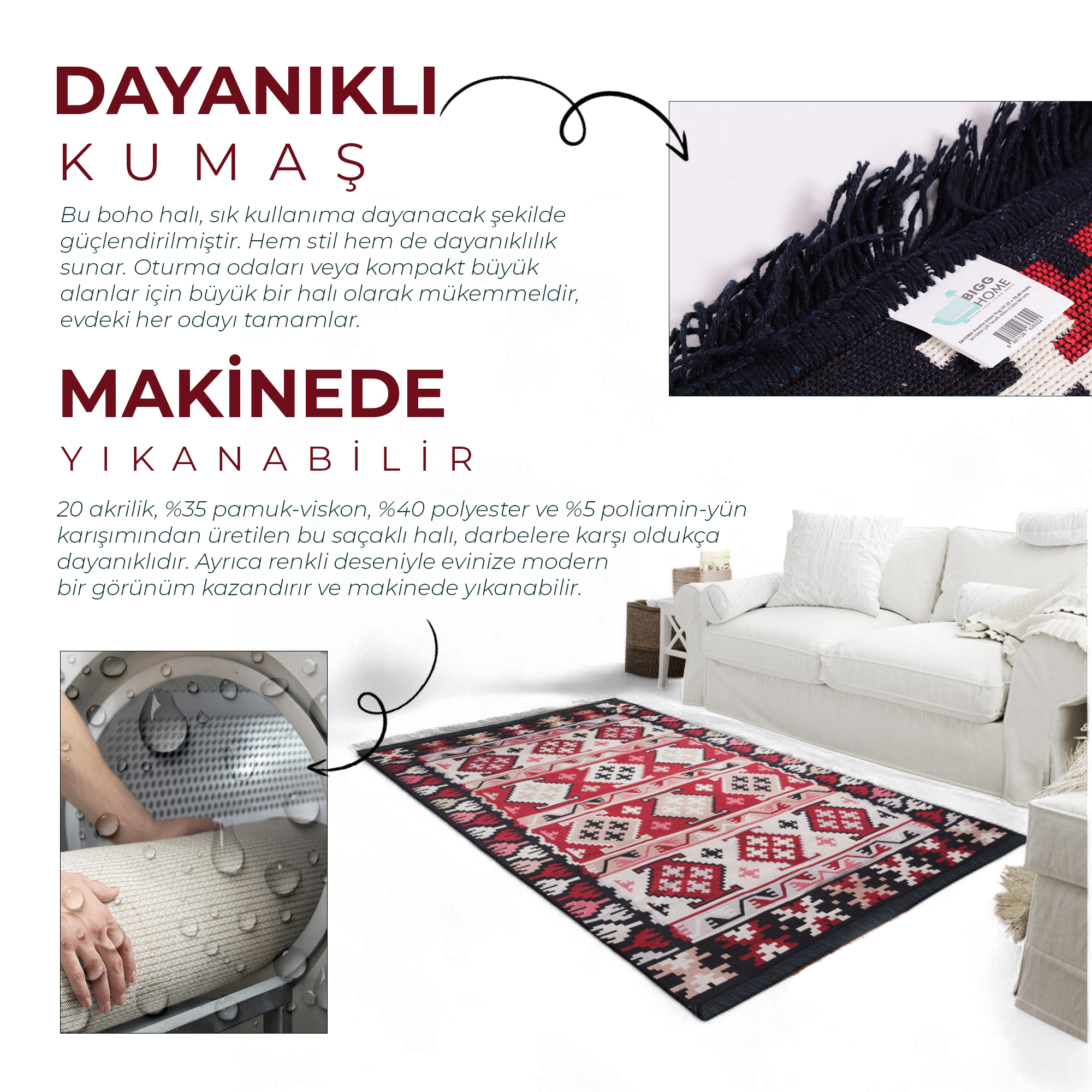Bigghome Çift Taraflı Kilim, Makinede Yıkanabilir, Modern Desenli, 80*150 cm, SA1590A