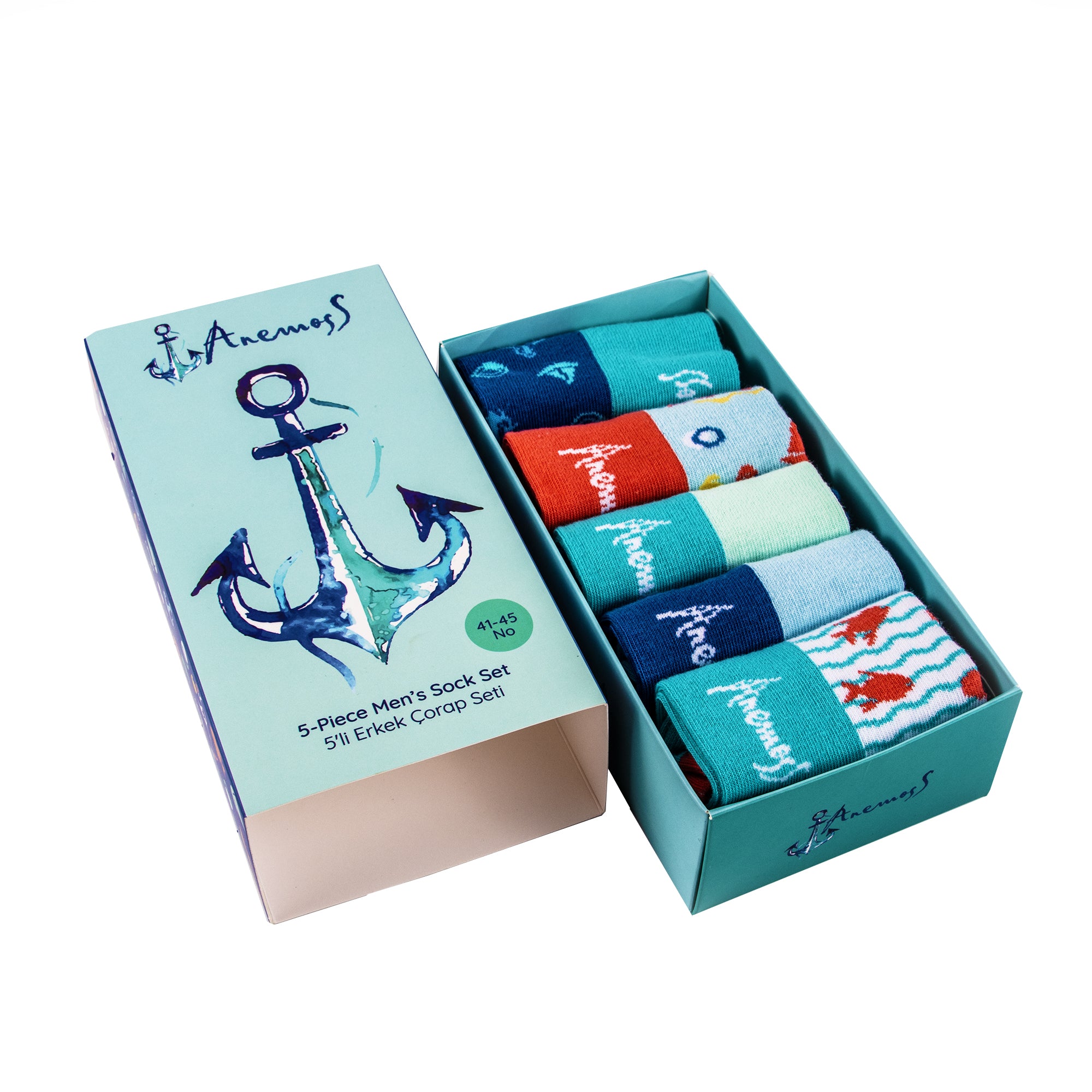 Anemoss Erkek 5'li Dikişsiz Patik Çorap Seti, Deniz Temalı Desenler, %85 Pamuk, 41-46 Beden