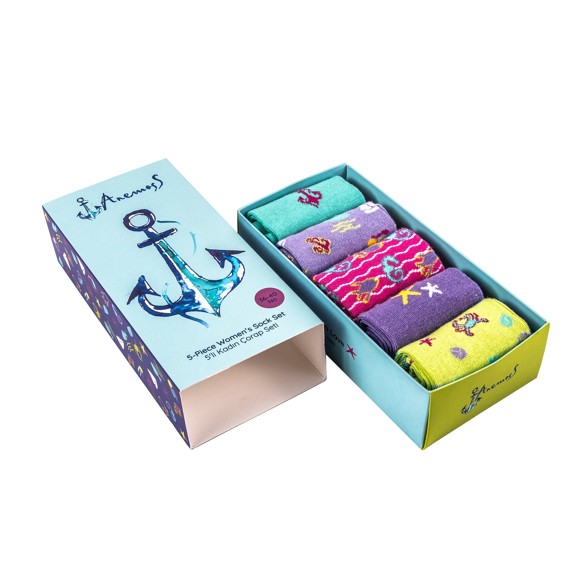 Anemoss Kadın 5'li Dikişsiz Soket Çorap Seti, Deniz Temalı Desenler, %85 Pamuk, 36-40 Beden