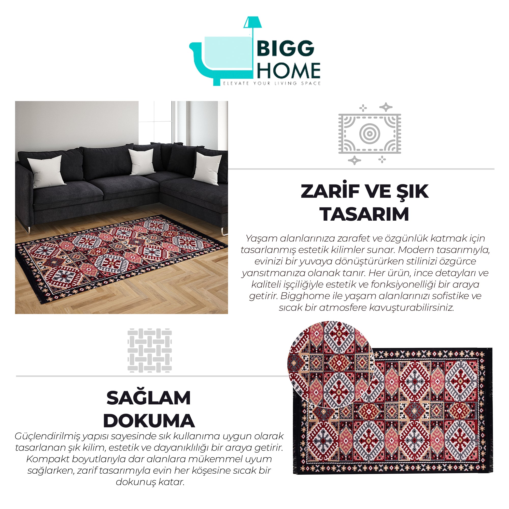 Bigghome Kilim, Makinede Yıkanabilir, Modern Desenli, 120*180 cm, SA25EU