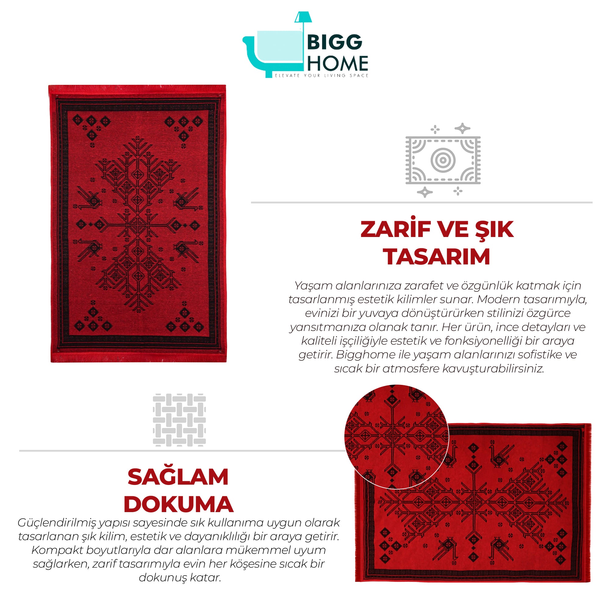 Bigghome Kilim, Makinede Yıkanabilir, Etnik Desenli, 120*180 cm, SA25CY