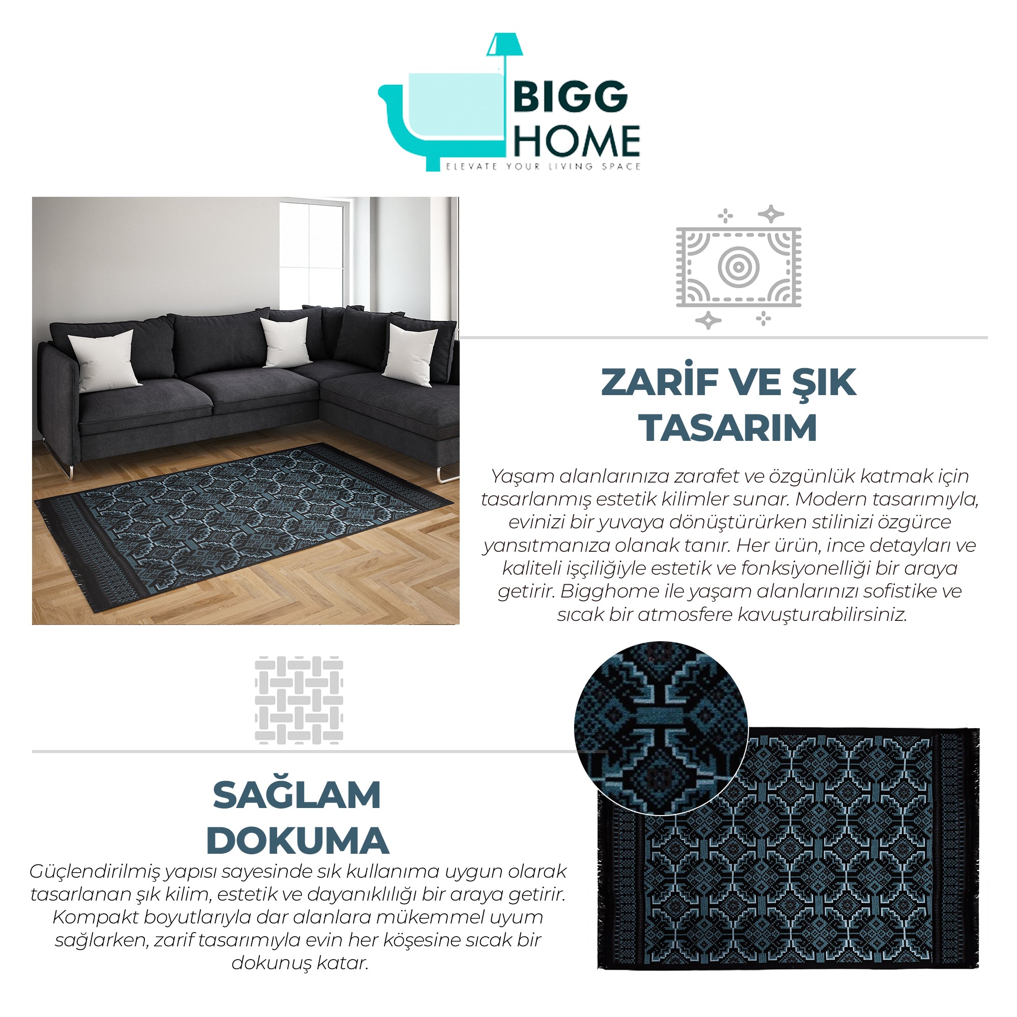 Bigghome Kilim, Makinede Yıkanabilir, Etnik Desenli, 120*180 cm, SA25AT