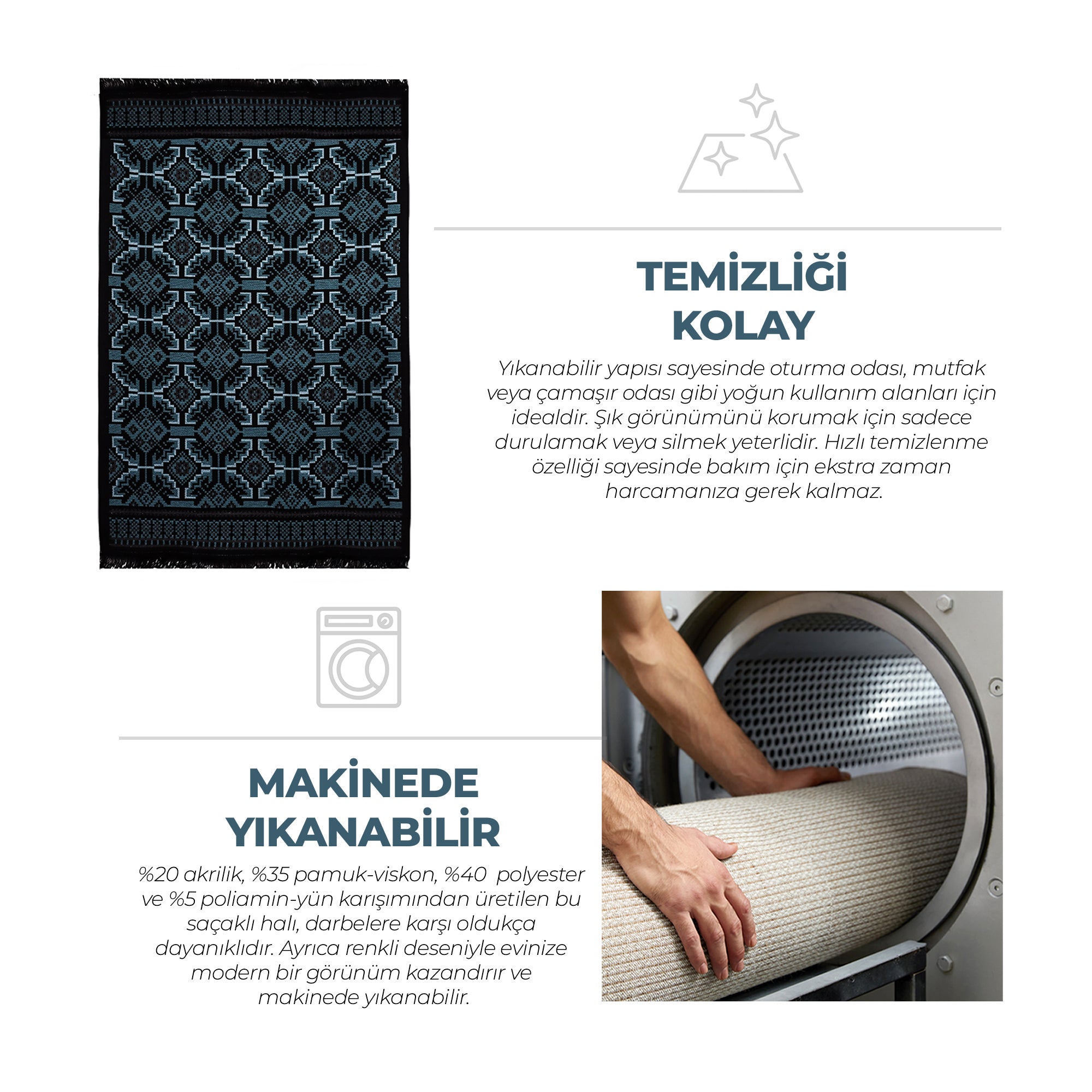 Bigghome Kilim, Makinede Yıkanabilir, Etnik Desenli, 120*180 cm, SA25AT