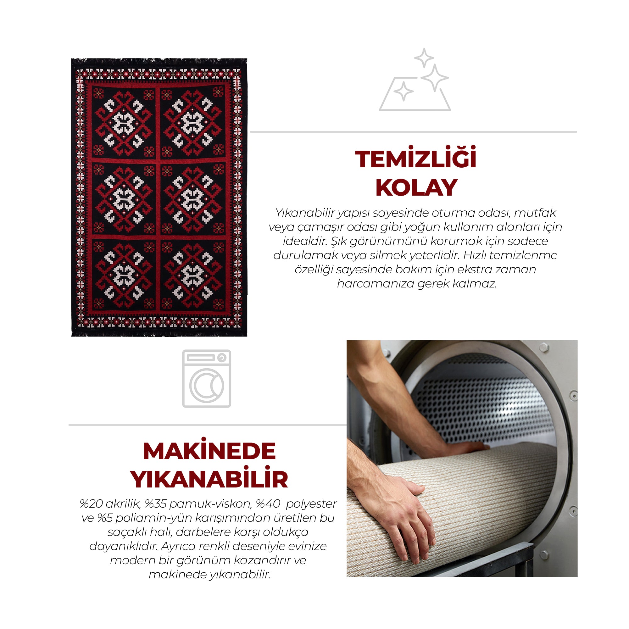 Bigghome Kilim, Makinede Yıkanabilir, Etnik Desenli, 80*150 cm, SA25MK