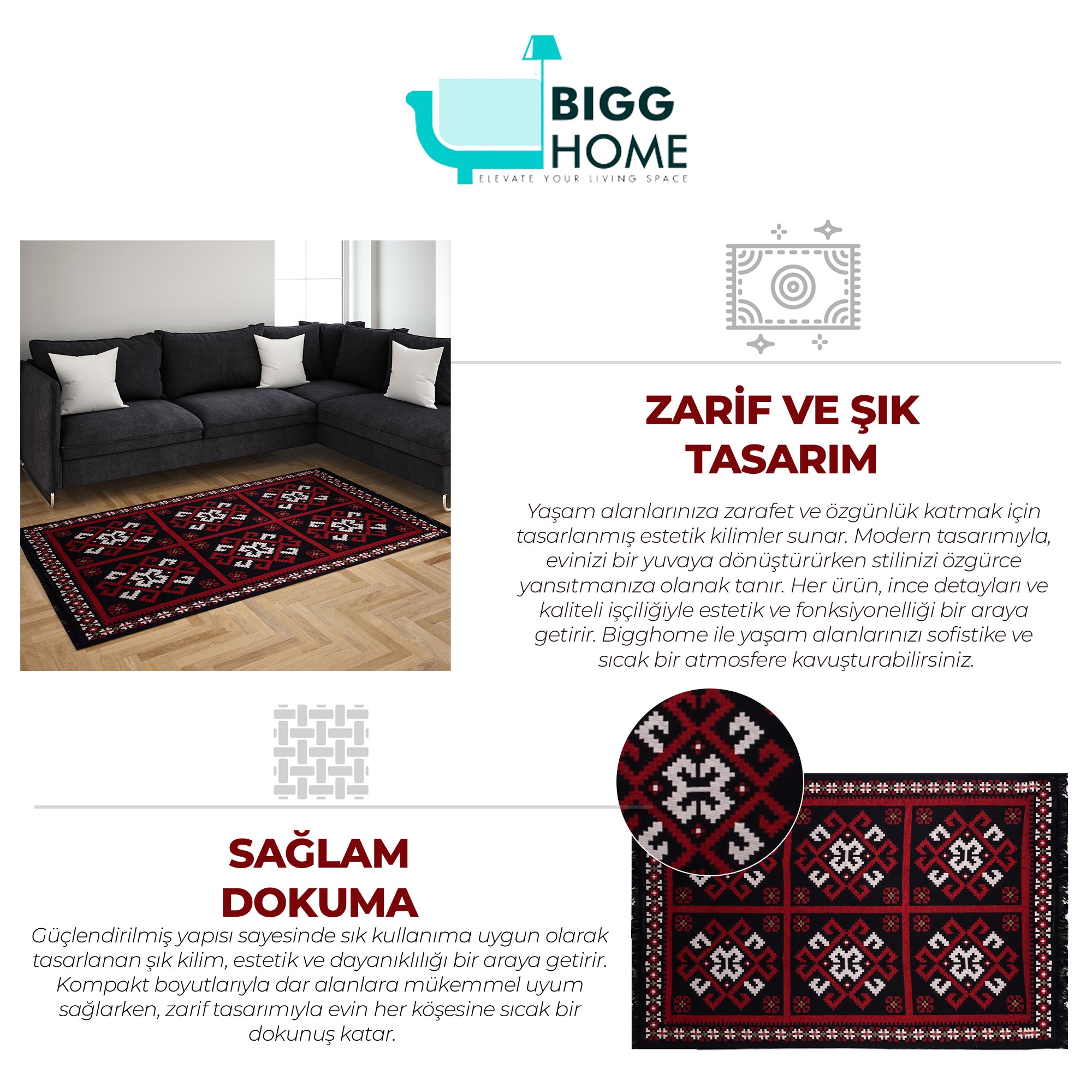Bigghome Kilim, Makinede Yıkanabilir, Etnik Desenli, 120*180 cm, SA25MK