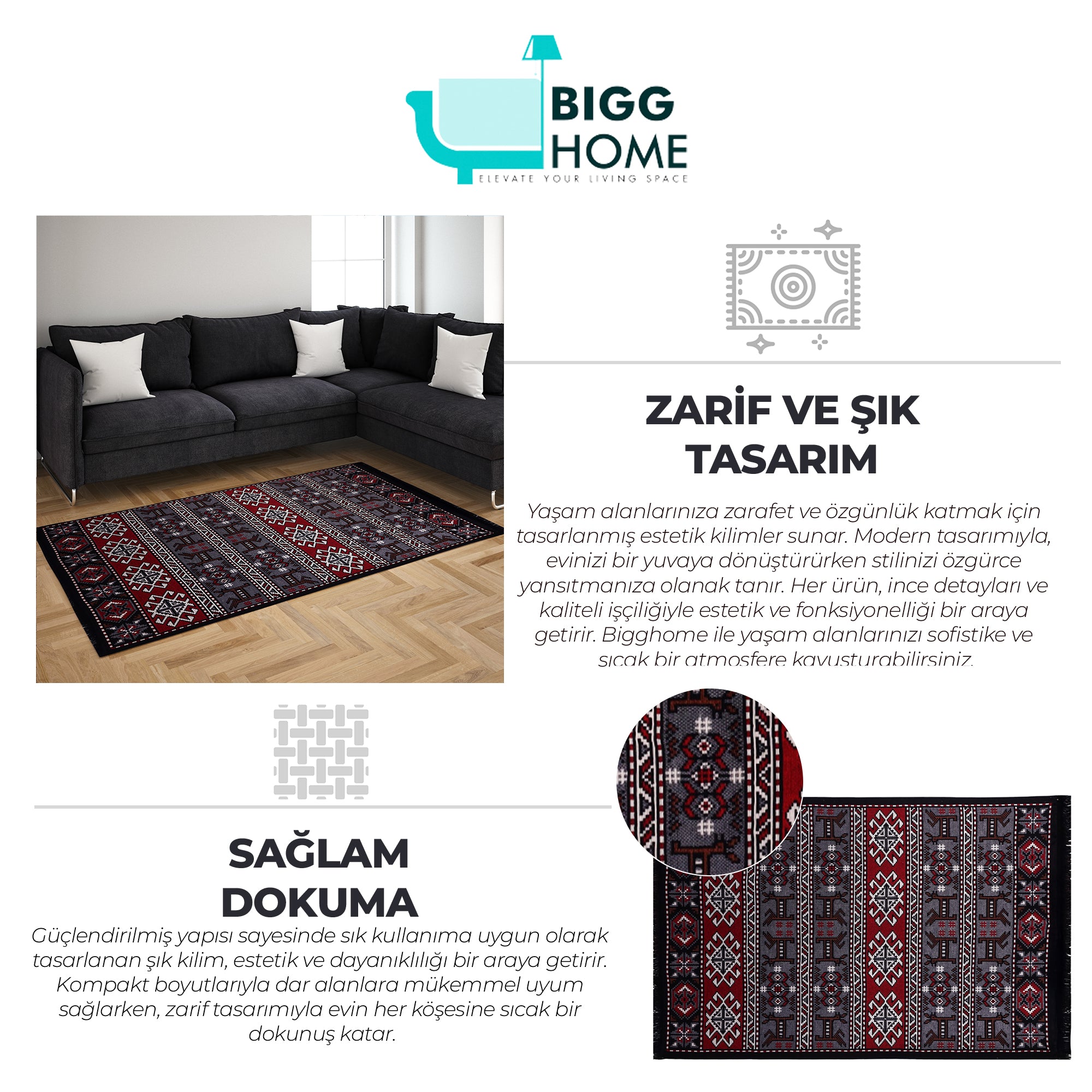 Bigghome Kilim, Makinede Yıkanabilir, Etnik Desenli, 120*180 cm, SA25HC