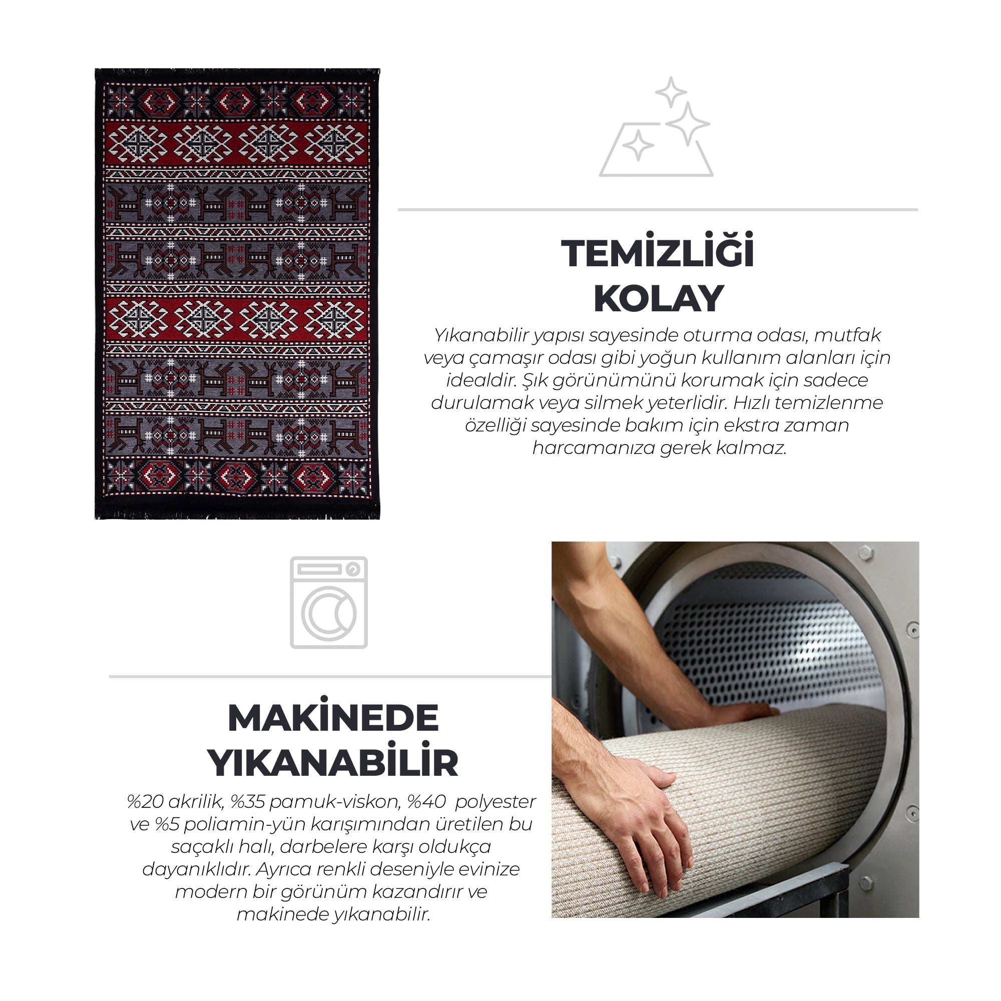 Bigghome Kilim, Makinede Yıkanabilir, Etnik Desenli, 120*180 cm, SA25HC