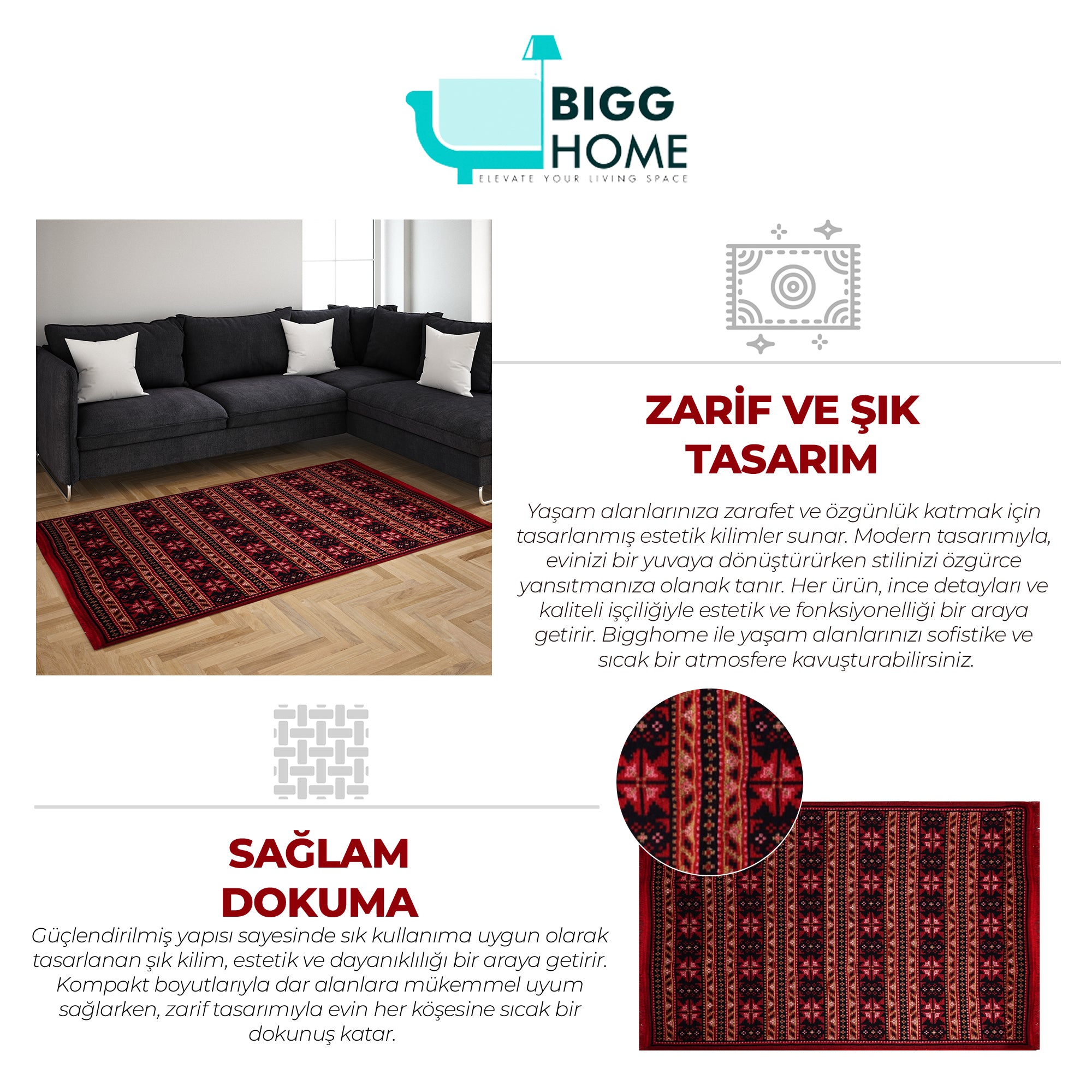 Bigghome Kilim, Makinede Yıkanabilir, Etnik Desenli, 80*150 cm, SA25BA
