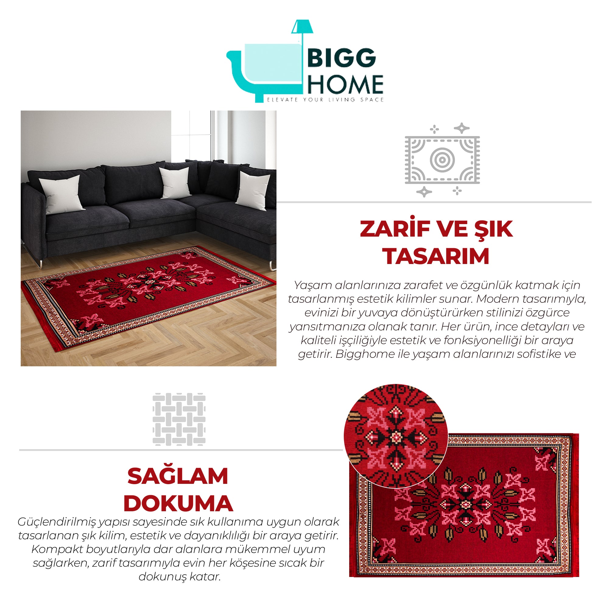 Bigghome Kilim, Makinede Yıkanabilir, Etnik Desenli, 120*180 cm, SA25PY