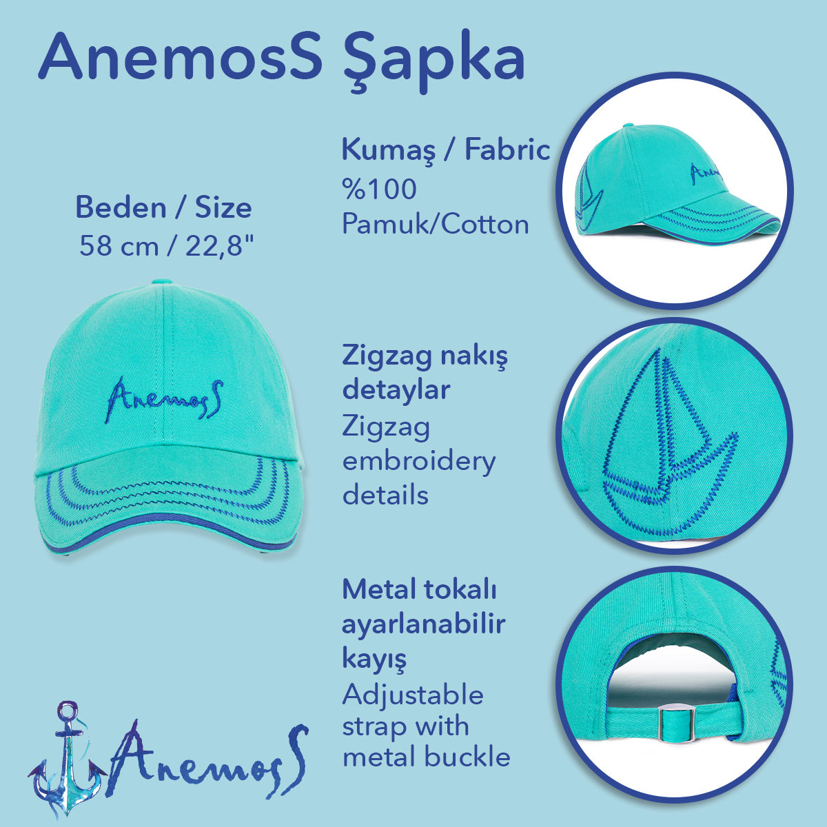 Anemoss Turkuaz Yelken Nakışlı Yazlık Şapka – Pamuklu, Hafif ve Nefes Alabilir Kumaş